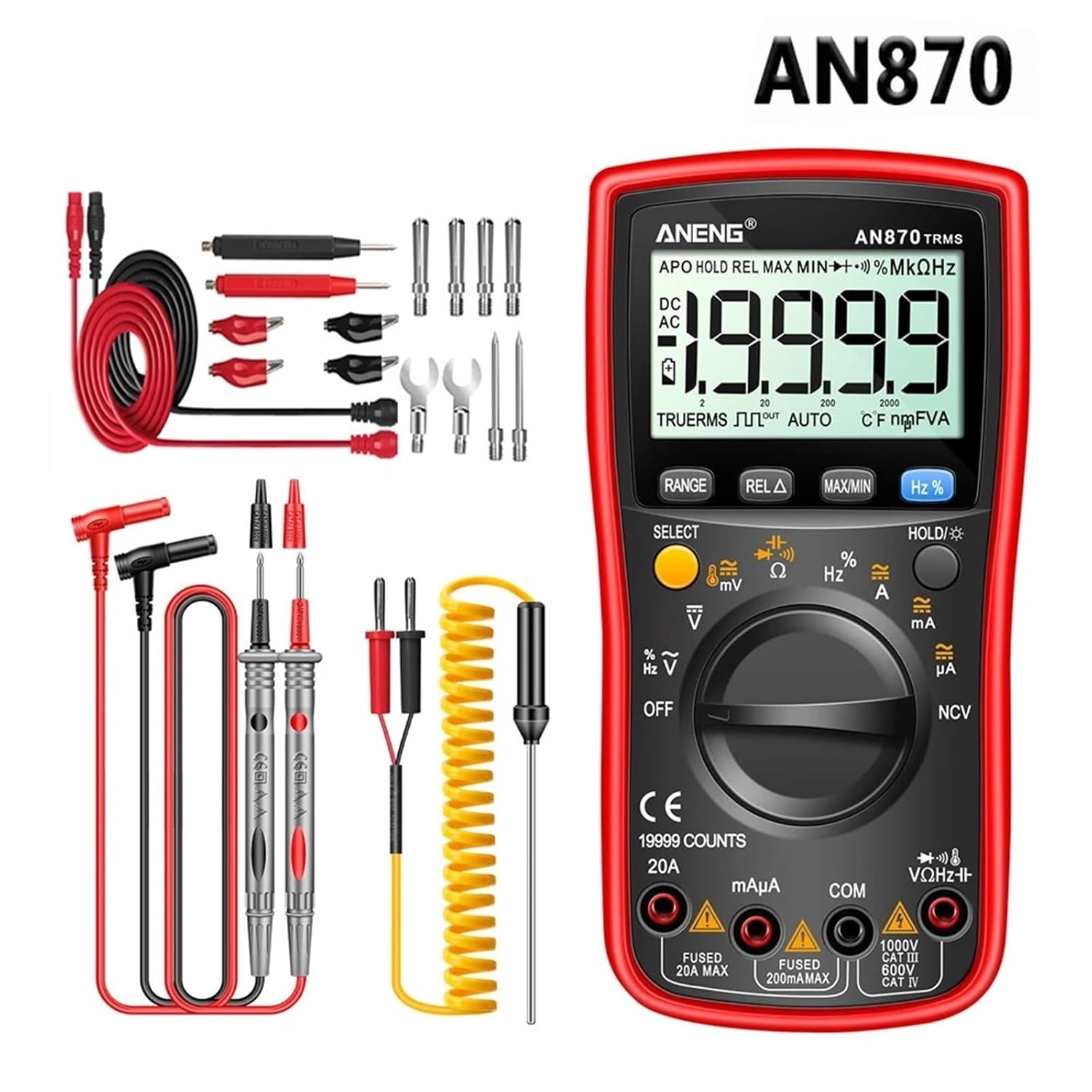AN870 Profesional Digital Multimeter 19999 Counts True Rms AC/DC Voltage Current NCV Transistor Accurate Auto Range Tester(AN870 Red Pro)
