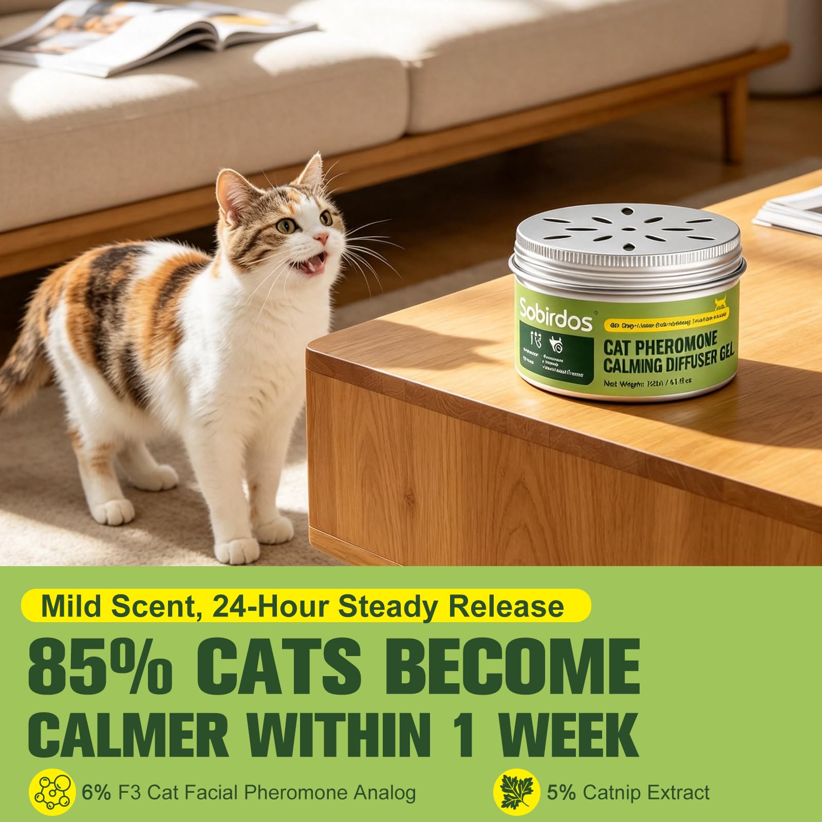 Diffusore Gel Calmante per Gatti, 120ml Senza Elettricità, 60 Giorni Durata, Coperchio Regolabile, Sicuro per Gatti Domestici e Multi-Gatto (Bianco, M)