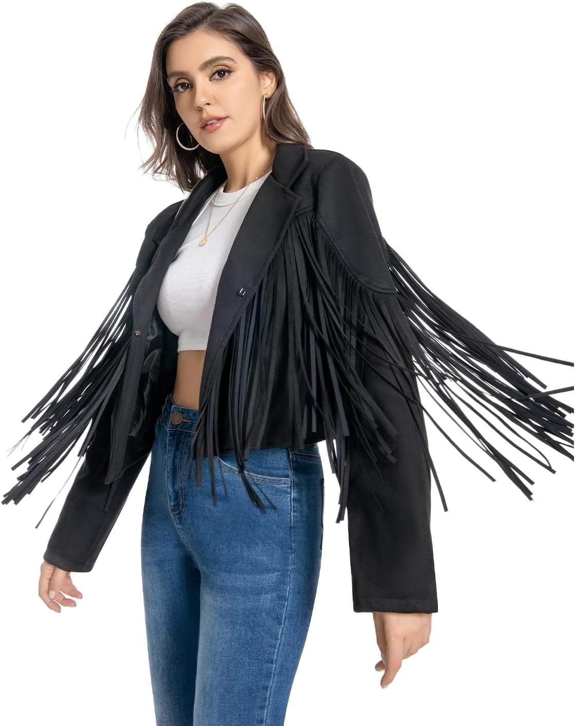 Fringe Jacket, Western Cowgirl Faux Suede Leather Jacket Tassel Crop Moto Top Country Concert Outfits for Women. - Image 2