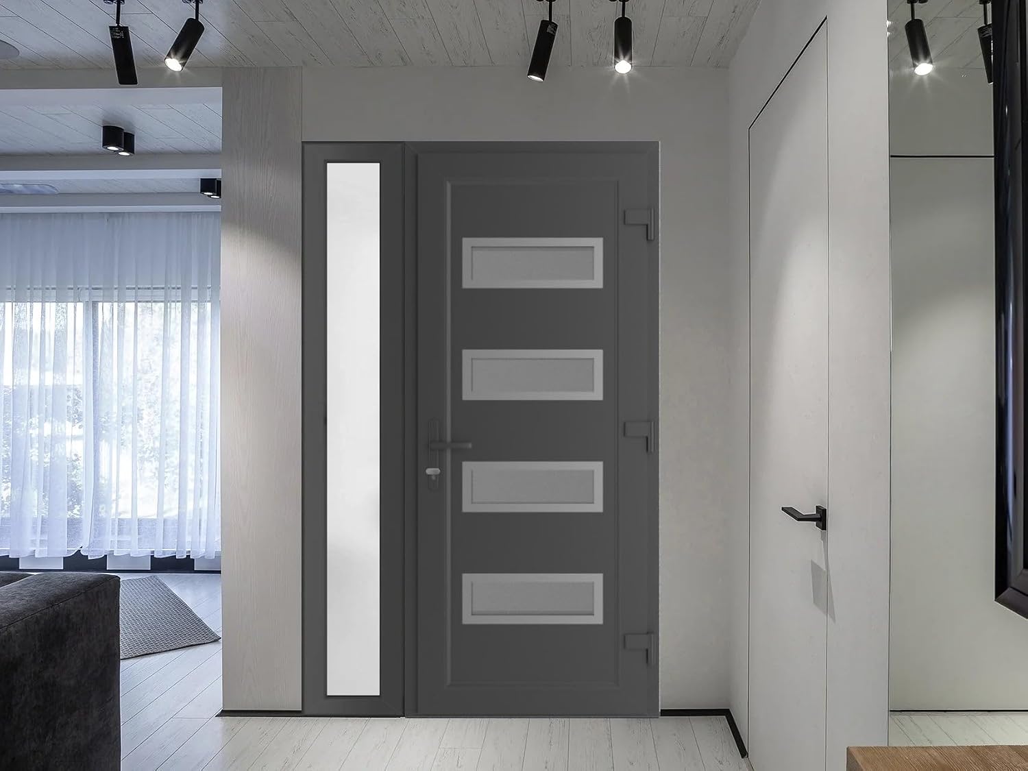 VDOMDOORS Front Exterior Prehung Metal-Plastic Door Frosted Glass | Manux 8113 Antracite Grey | Side Sidelite Transom | Residential Doors Entrance Patio Garage 46 x 80 (W32+14 x H80) Left-Inswing