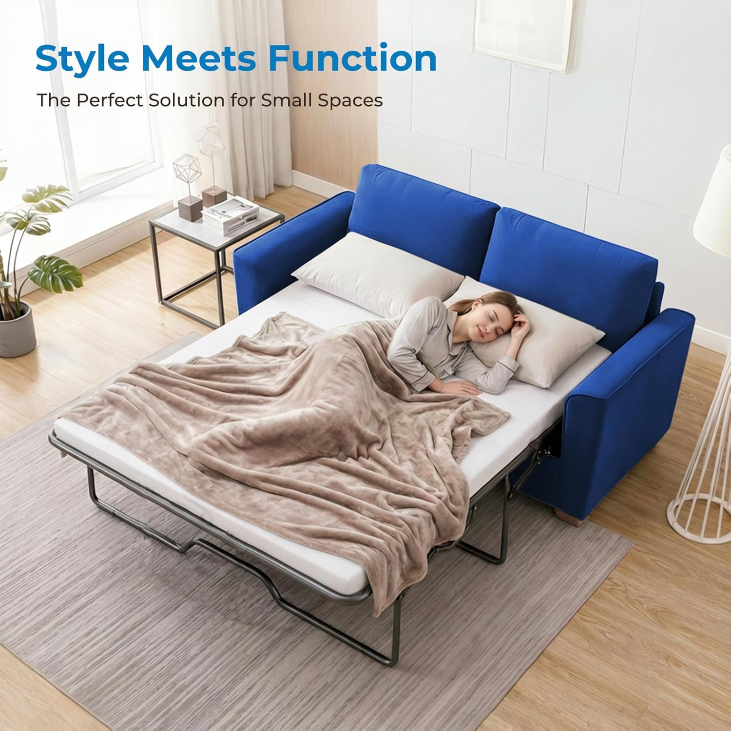 Mjkone Full Size Pull Out Sleeper Sofa Bed 71" W with Memory Foam Pillows and Mattress, Convertible 2-in-1 Loveseat Sofa Sleeper Couch with Pullout Beds for Living Room Apartment Small Spaces, Blue
