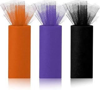 Halloween Tulle Rolls with Orange Black Purple Fabric Bolt Spool for Wedding Tutu Table Skirt DIY Crafting Favors Pew Bow Banquet Party Decor (6 Inches x 25 Yards, 3 Roll)
