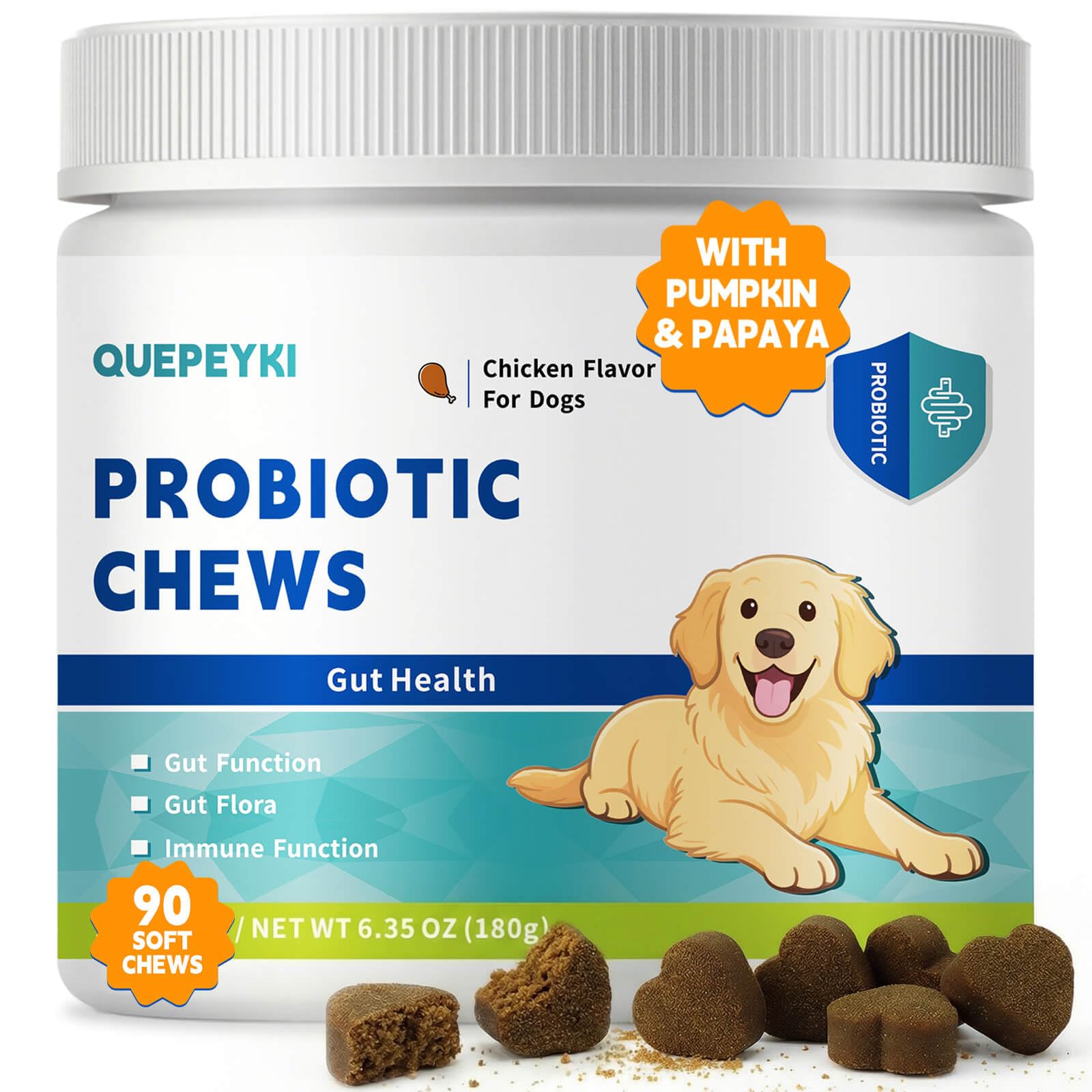 Dog Probiotics Soft Chews with 160mg Pumpkin & Papaya Enzymes – 90 Count – 4-in-1 Gut Support for Scooting Comfort, Stool Consistency & Occasional Gas – Chicken Liver Flavor