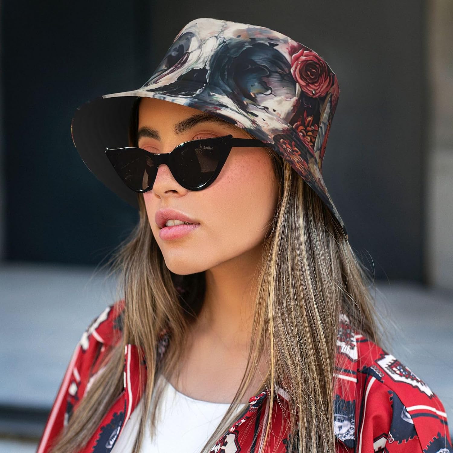 Floral Skull Print Sun Hat Outdoor Fisherman Cap Summer Bucket Hat Beach for Men Women Black