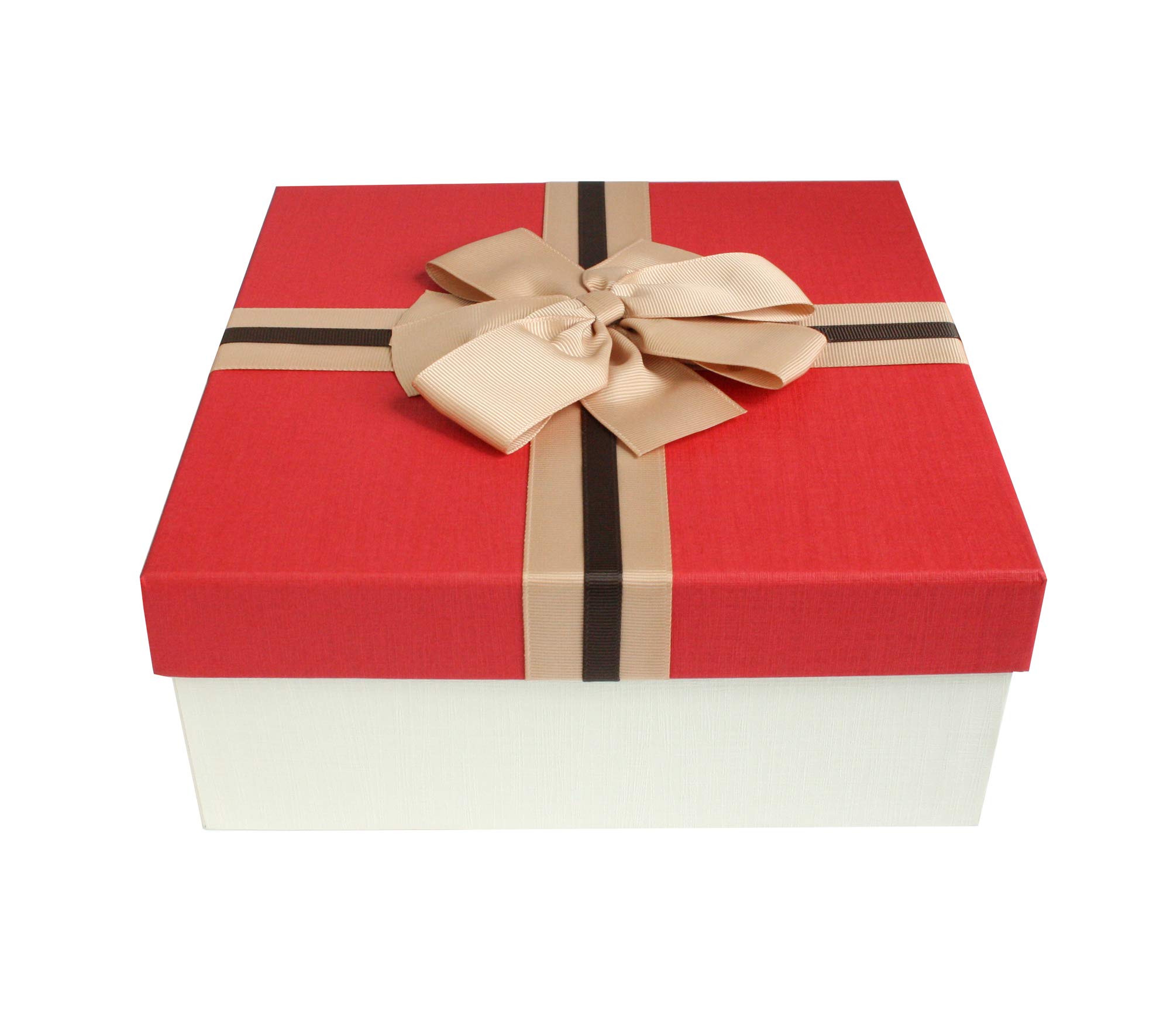 Emartbuy Cream Paper + Cream/Red Rigid Gift Box with Ribbon – 23.5 x 23.5 x 10 cm – Luxury Cardboard Presentation Box|Premium Packaging for Hampers, Birthdays, Weddings, Corporate Gifting