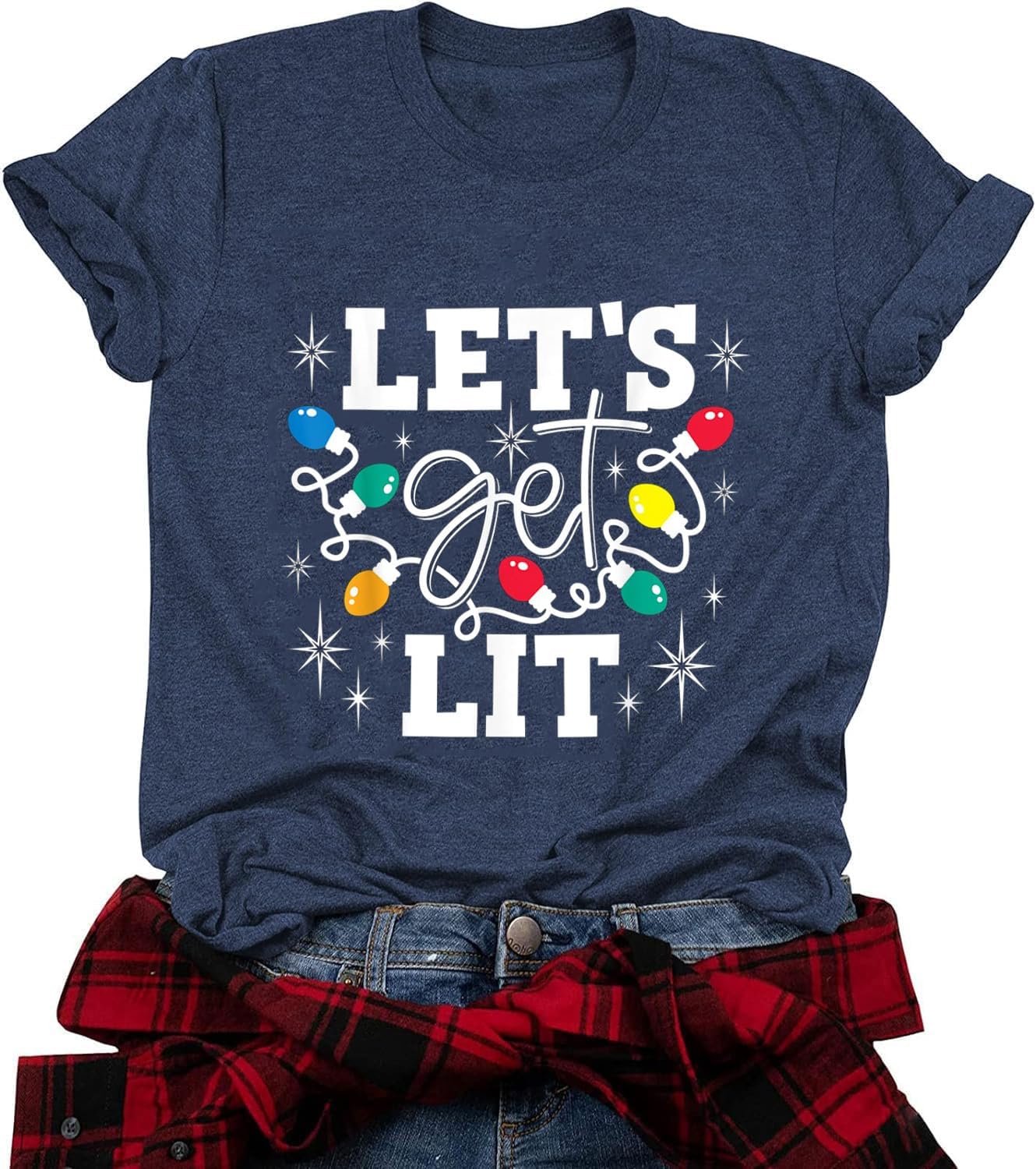 Christmas Shirts for Women Let's Get Lit Shirt Cute Lights Graphic Short Sleeve Xmas Tops Tees