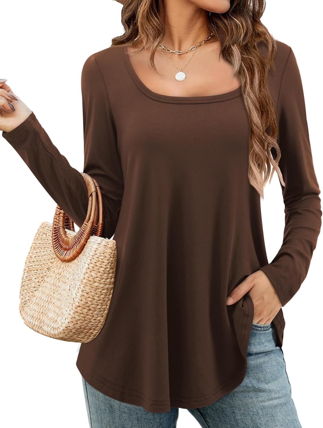 Beluring Womens Scoop Neck Tunic Tops Long Sleeve Loose Fit Shirts to Wear with Leggings