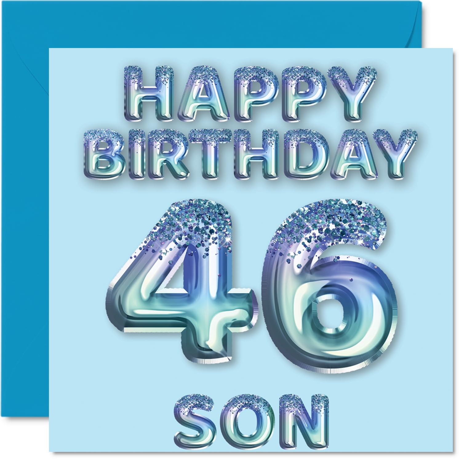 46th Birthday Card for Son, Blue Glitter Party Balloons
