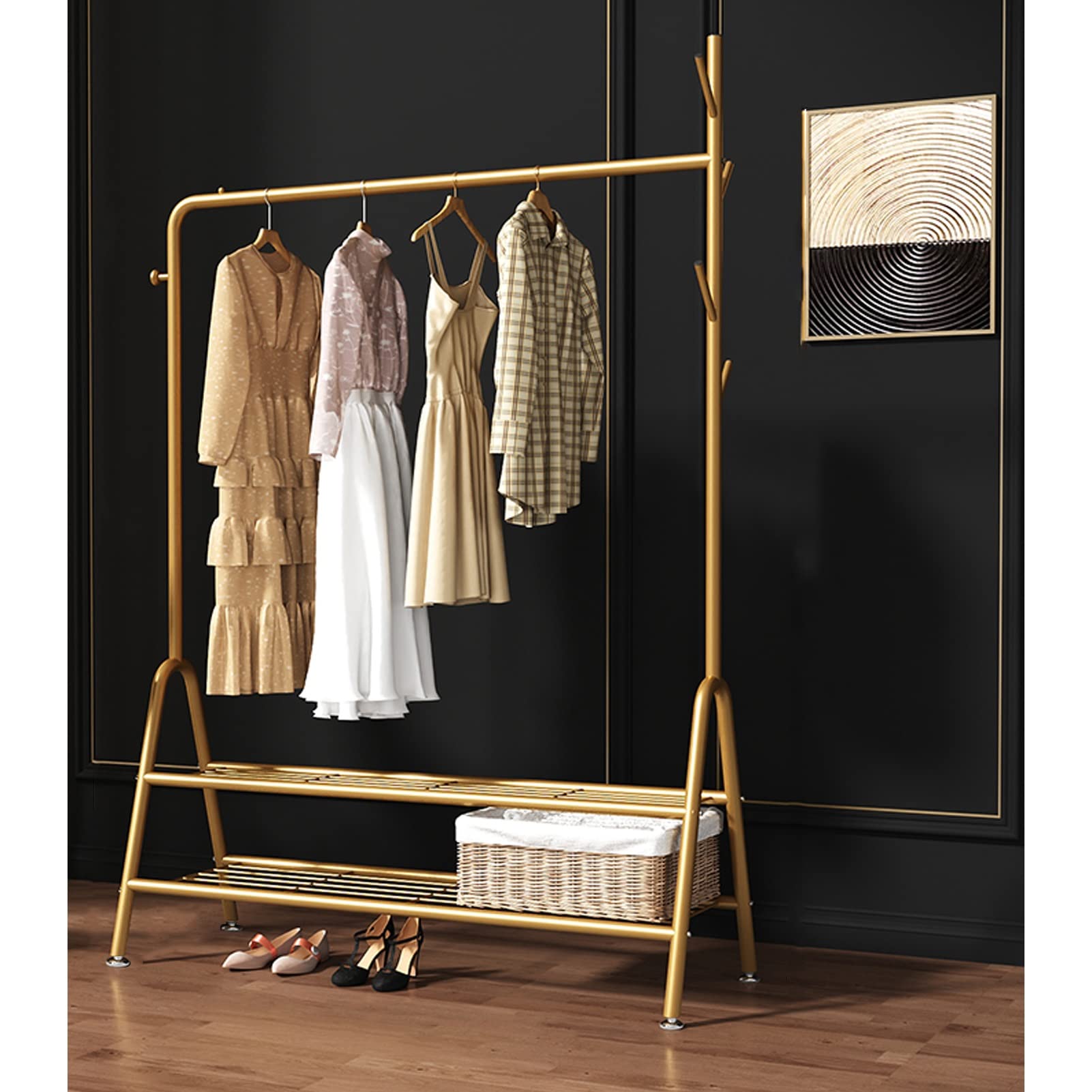 YNBSHGAA Metal Hall Tree with Hoo Multi-functal Coat Rack Freestanding Garment Hanr with 2-Tier Sto Shelves for Bedroom and Entryway nizat,Gold-100cm