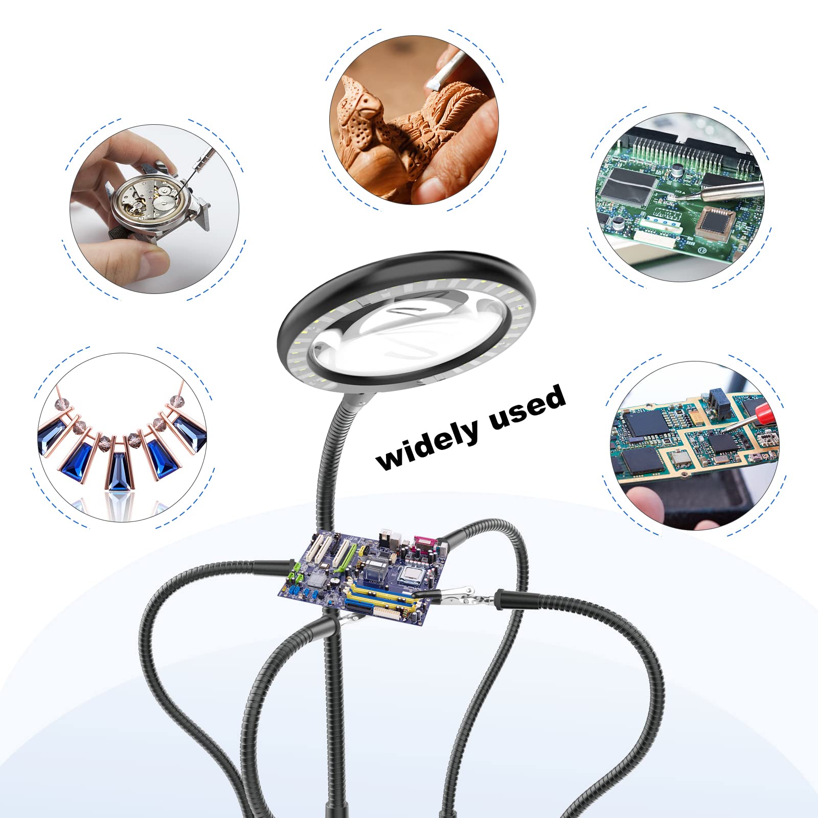 Loupe avec lumière à souder à la troisième main -Grossissement 3X -Lumière du jour -Avec lumière -Avec 28 LED à intensité variable-Base robuste-4 bras flexibles - Pour bricoler, souder, loisirs