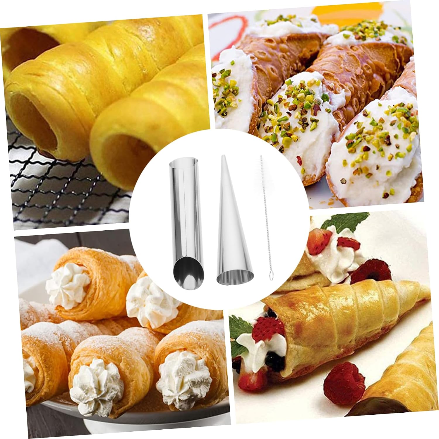 Zerodeko 1set Stainless Steel Croissant Baking Molds Non-stick Tubular Pastry Horns Brush for and Croissants Shape Molds