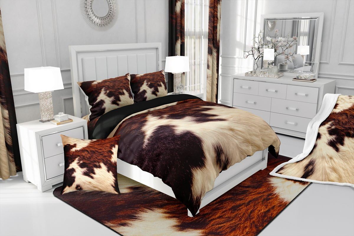 Erosebridal Cowhide Comforter Set Queen Size Brown Beige White Cow Print Down Comforter for Kids Boys Teens Room Decor, Farm Animal Fur Bedding Set Cow Fur Quilt Set with 2 Pillowcases