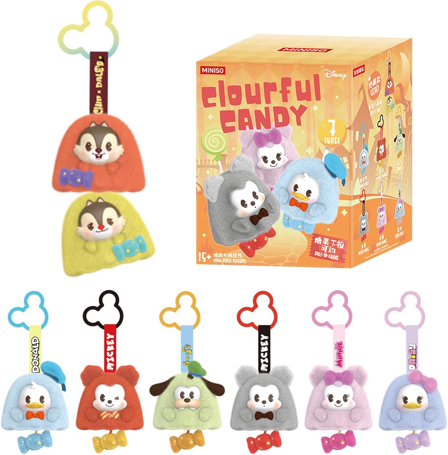 MINISO Disney Mickey Mouse Family Candy Series Keychain Blind Box Plush- Bag Charm Collectible, Holiday Birthday Surprise Gift for Friends and Family, Single Box
