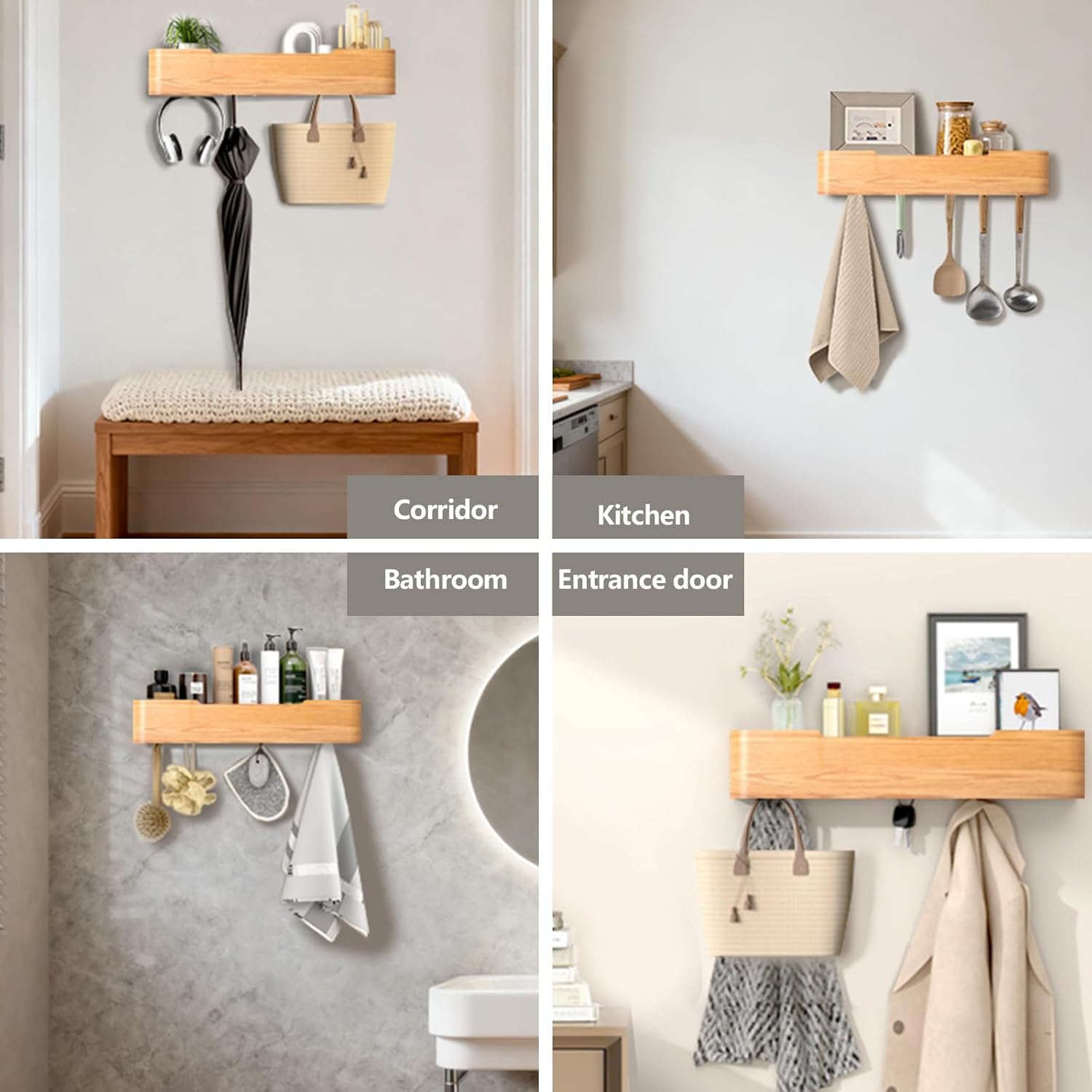 Wall Mounted Coat Rack with Shelf, Wooden Entryway Organizer with Hidden Metal Hooks for Hanging Coats Bags Keys, Modern Floating Shelf for Hallway Bathroom