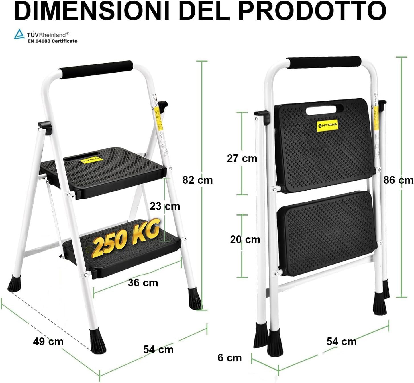 HYTAMA Scala Sgabello Pieghevole con Ampio Pedale Antiscivolo, Scala in Acciaio Robusta, Impugnatura Comoda, Leggera, Sgabello Portatile in Acciaio, Certificata EN14183 (BIANCO, 2 Gradini)