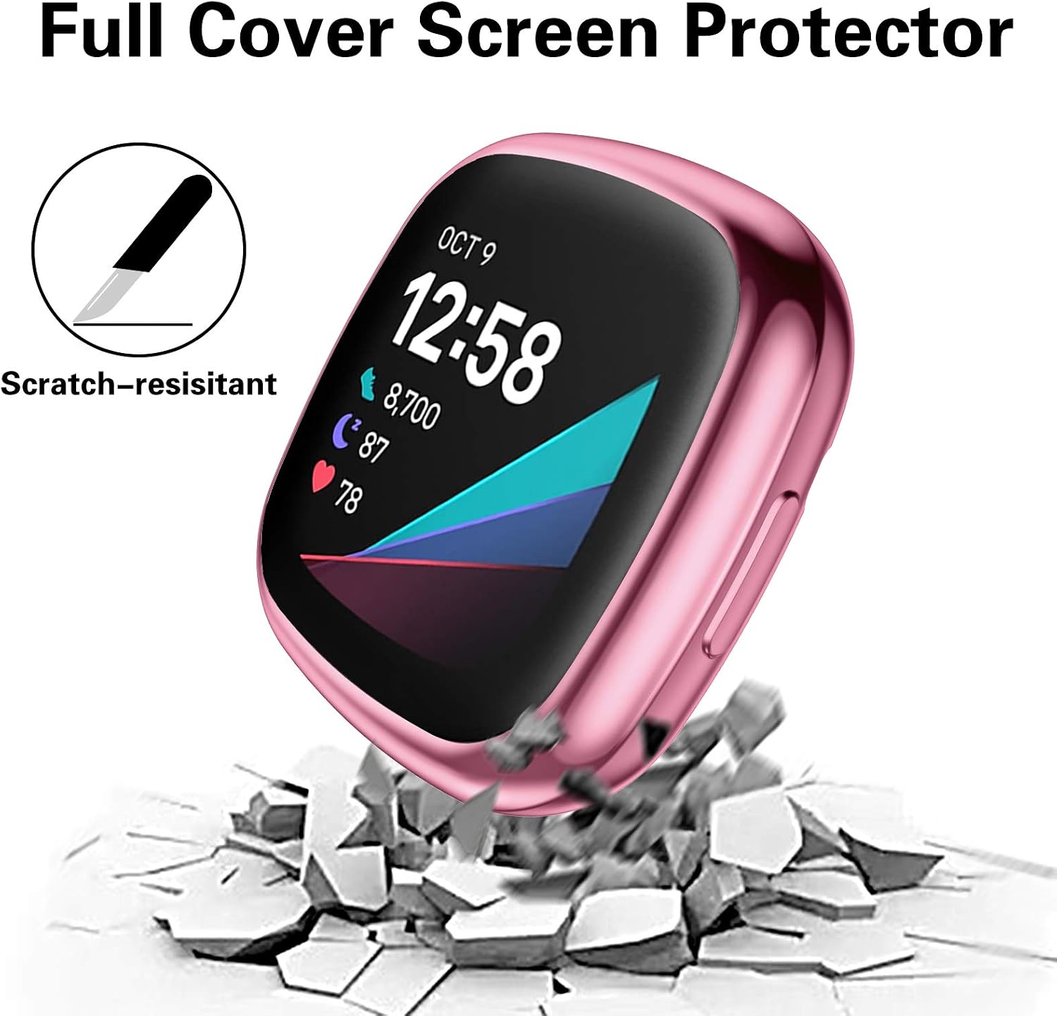Dirrelo Screen Protector Case Compatible for Fitbit Sense / Versa 3, (4-Pack) TPU Full Coverage Bumper Cover Protective Shell Accessories for Sense / Versa 3 Smartwatch, Clear Black Silver Rosepink