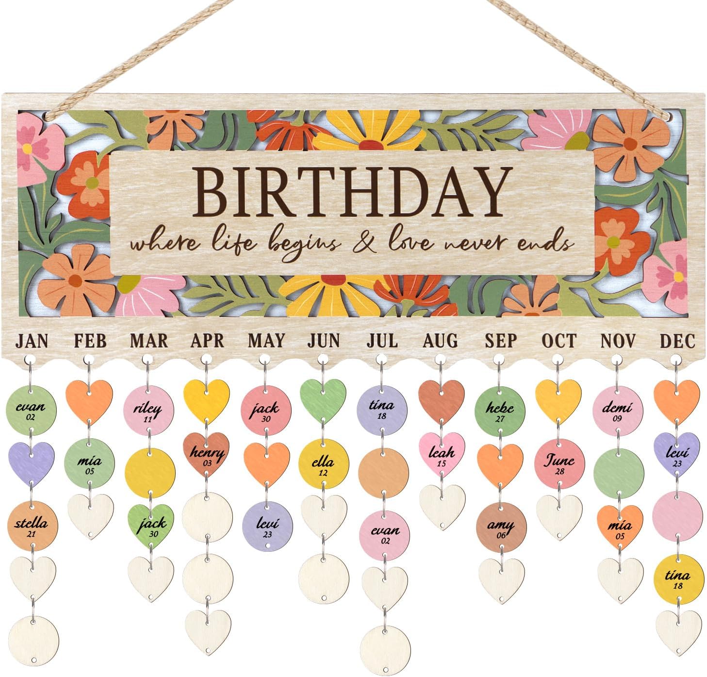 TOARTi 3D Wildflower Family Birthday Calendar Plaque(15.75''x6.3'') with 100 pcs Tags, DIY Wooden Birthday Celebration Wall Hanging, Family Celebration Calendar Reminder Tracker for Home Office