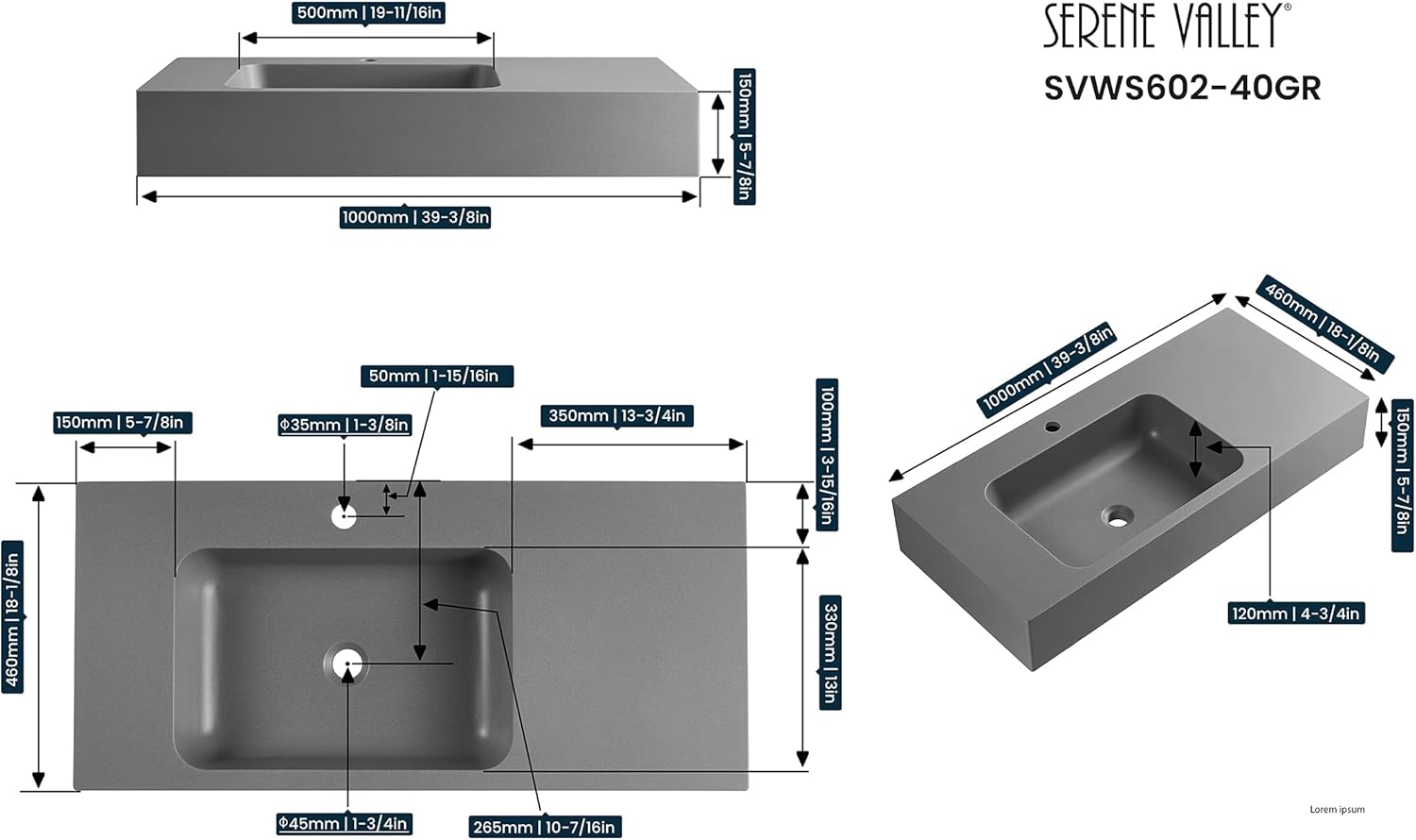 Serene Valley Bathroom Sink, Wall-Mount or On Countertop, 40" with Square Sink and Flat Space, Single Faucet Hole, Premium Granite Material in Gray