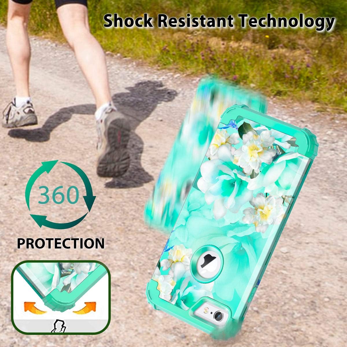 Casetego Compatible with iPhone 6S Plus Case,iPhone 6 Plus Case,Floral Three Layer Heavy Duty Sturdy Shockproof Full Body Protective Cover Case for Apple iPhone 6S Plus/6 Plus,Green/White