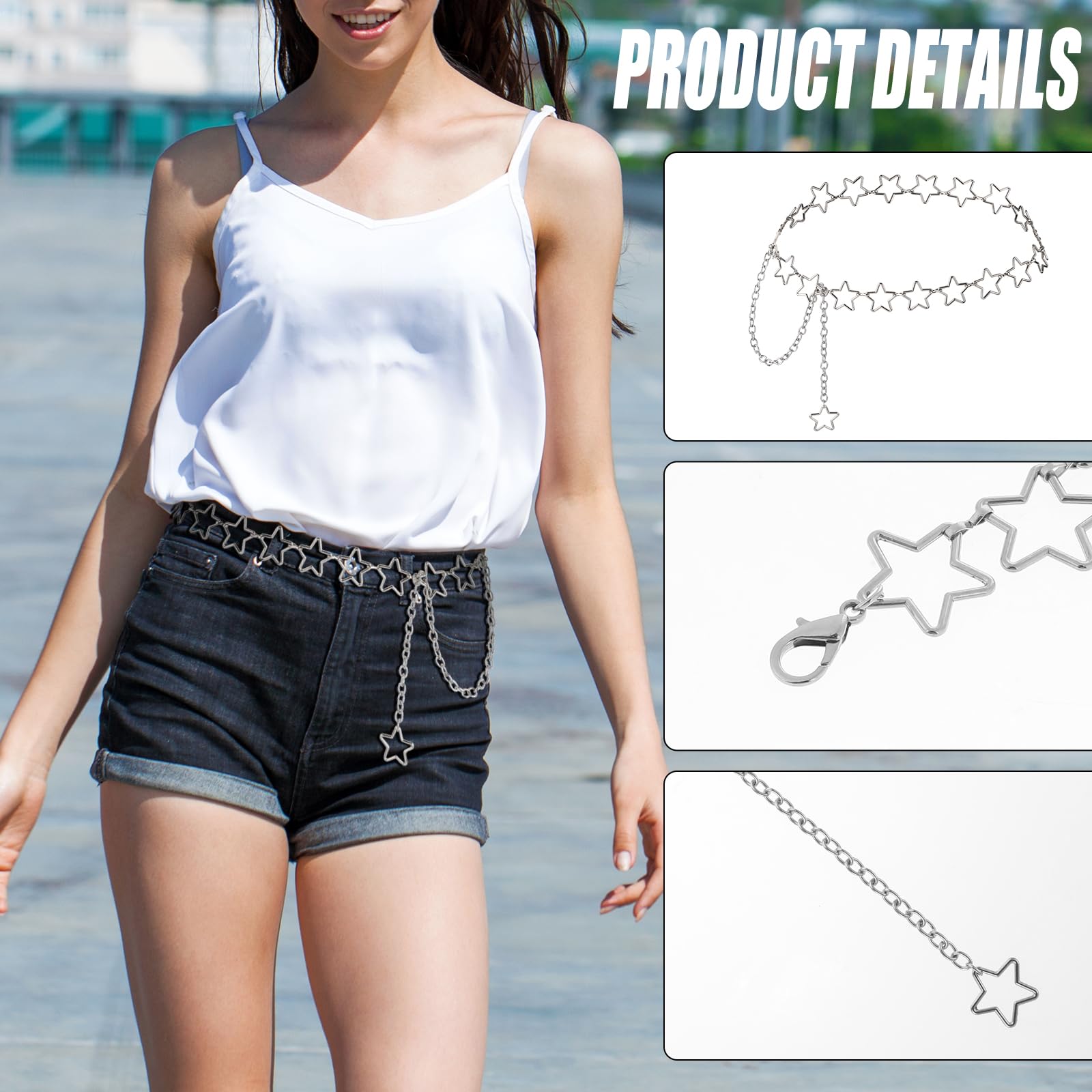 KALIONE Women's Star Waist Chain, Metal Adjustable Western Belly Chains Belt with Long Tassel for Women Girls Dresses Jeans: Silver