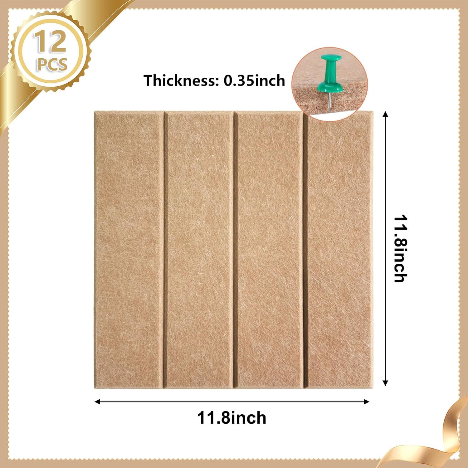 12 Packs Camel Felt Pin Board, Large 12" Bulletin Board with 30 Push Pins, Felt Board Slat Wall Paneling for Office Home Kitchen, Self-Adhesive Corkboard Tiles for Classroom Message Photos Memos
