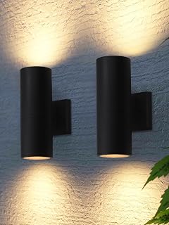 LEONLITE 12" Matte Black Outdoor Up Down Wall Sconces, Pair of Waterproof Aluminum Cylinder Porch Lights, E26 ETL Listed