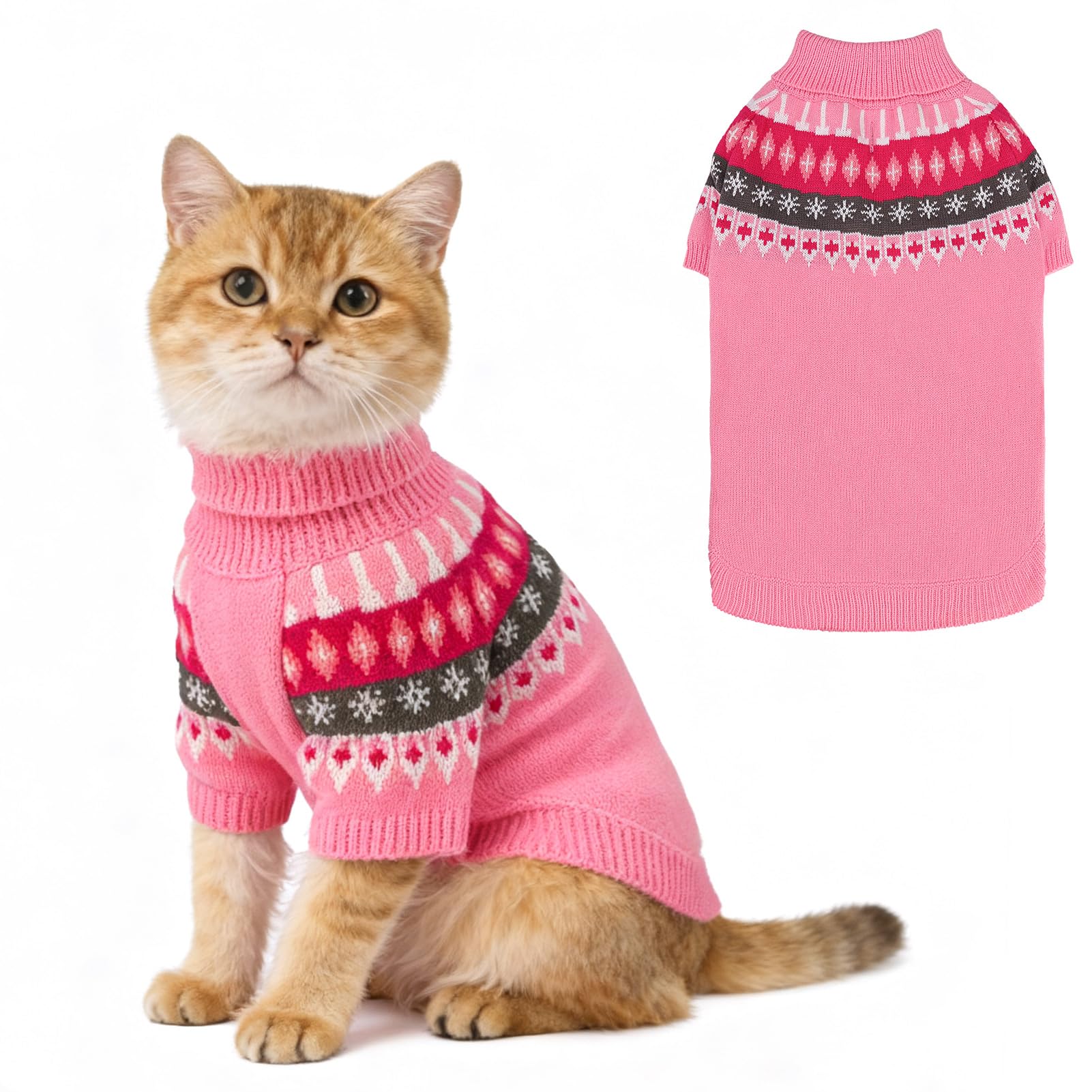 EXPAWLORER Turtleneck Dog Jumper - Knitted Dog Clothes in Classic Fair Isle Patterns, Warm Comfortable Puppy Jumper Pet Sweater with Sleeves, Winter Pet Outfit Pullover for Dogs Cats, Pink Small