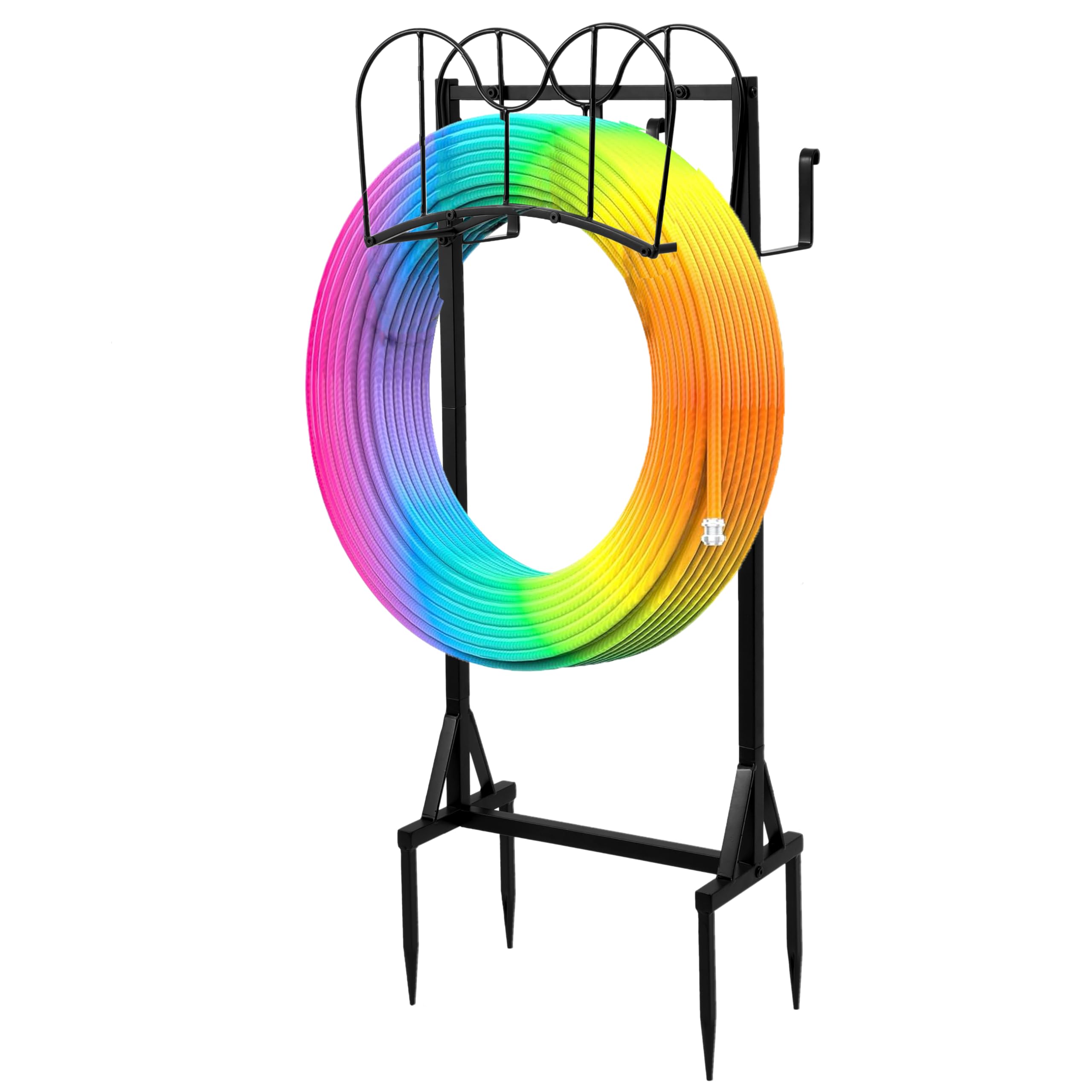 Soporte para carretes de manguera de jardín independiente, almacenamiento de manguera de agua de metal de doble cara (negro)