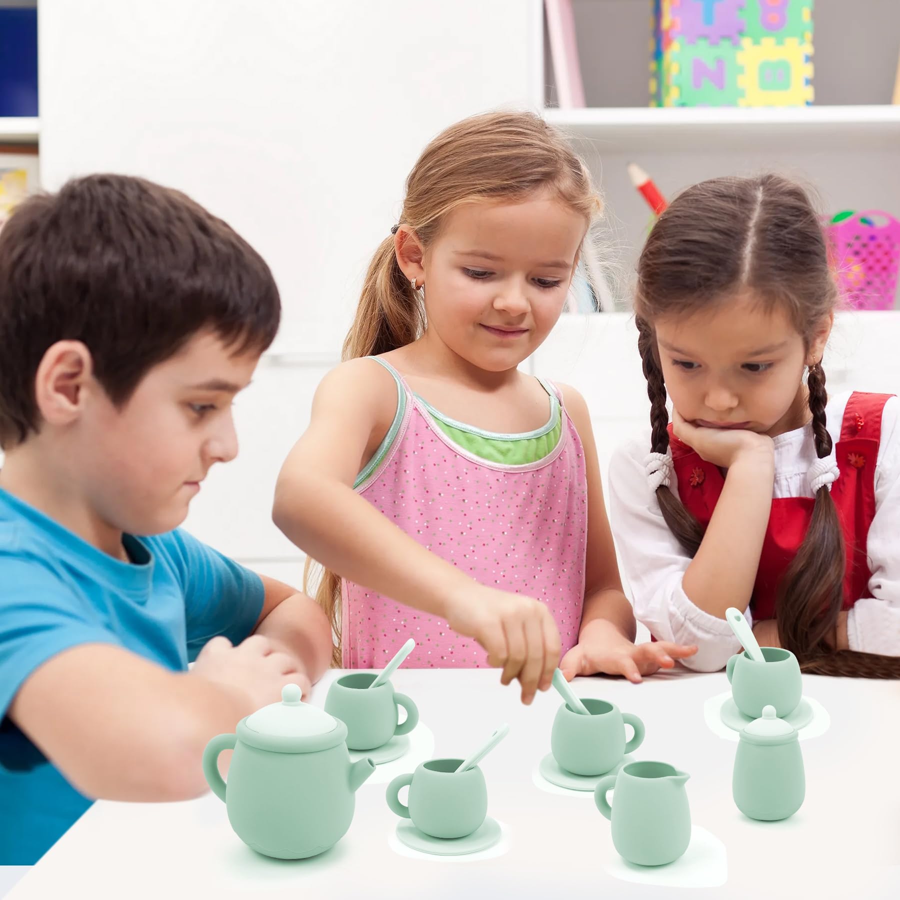 MCGMITT Service à Thé Enfant, Dinette Tea Party Jouet 15 Pcs en Silicone avec Théière et Tasses Accessoires de Cuisine Jeux d’Imitation Montessori et Jeux de Rôle Cadeau pour Filles et Garçons 3 Ans