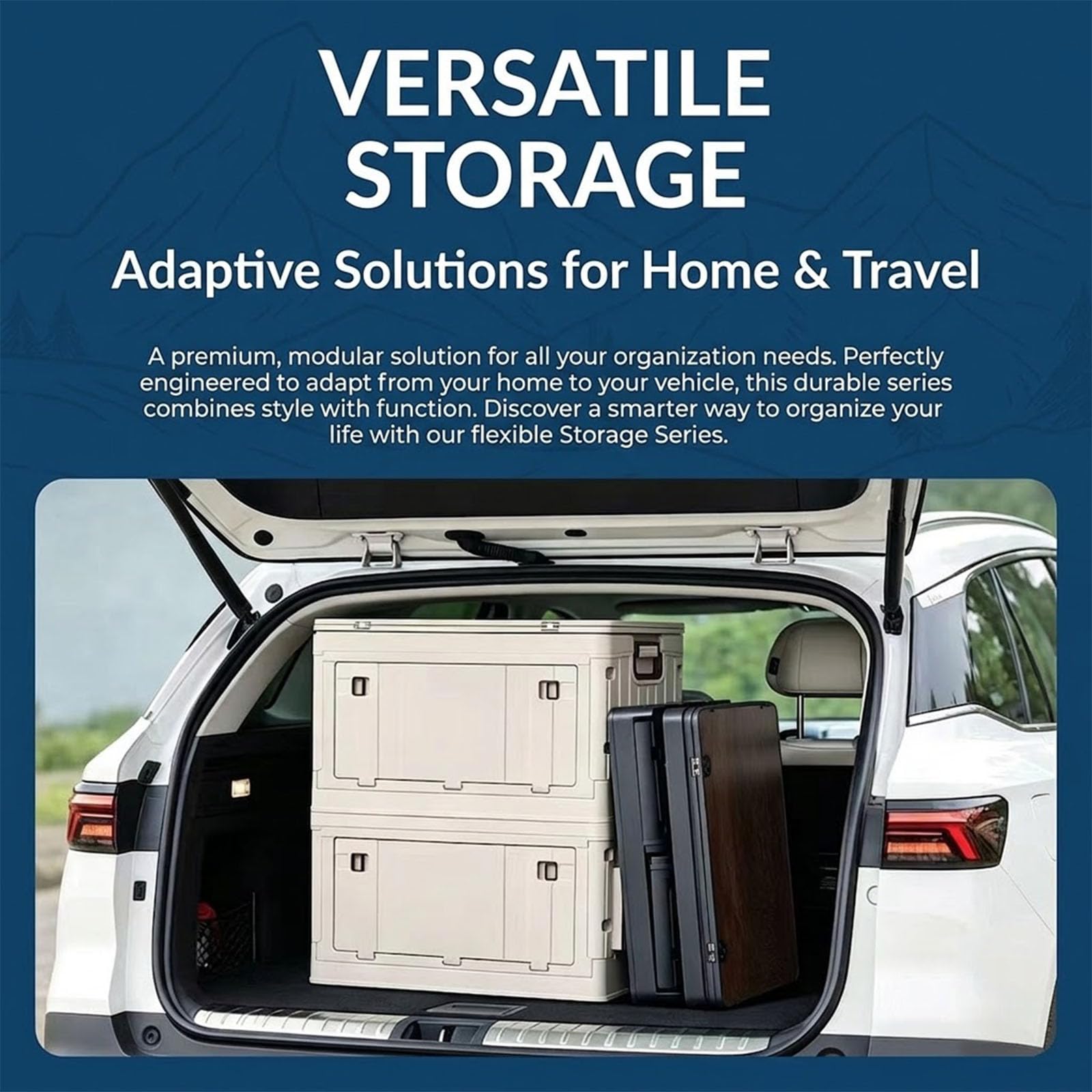 Camping Aufbewahrungsbox Faltbar mit Tisch & Seitenkorb | Kofferraum Organizer für Camping, Wohnmobil Reisen, Picknick und Outdoor Ausrüstung mit multifunktionaler Nutzung