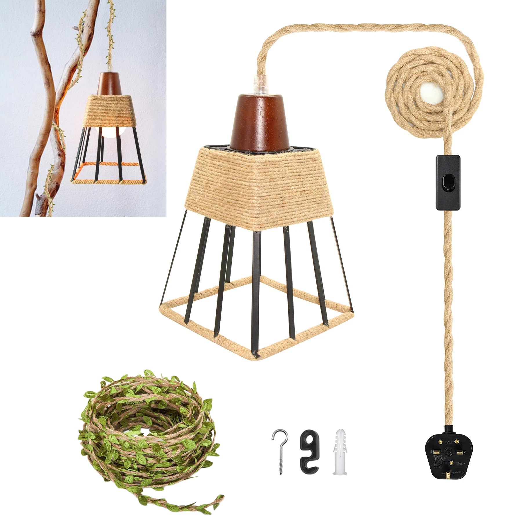 ZRLXFM Hemp Rope Plug in Hanging Light Kit, 5.1M Vintage Pendant Light Cable with Metal Square Lampshade, E27 Lamp Holder with Switch, Plug in Ceiling Lighting Fitting with 5M Green Decorative Cord