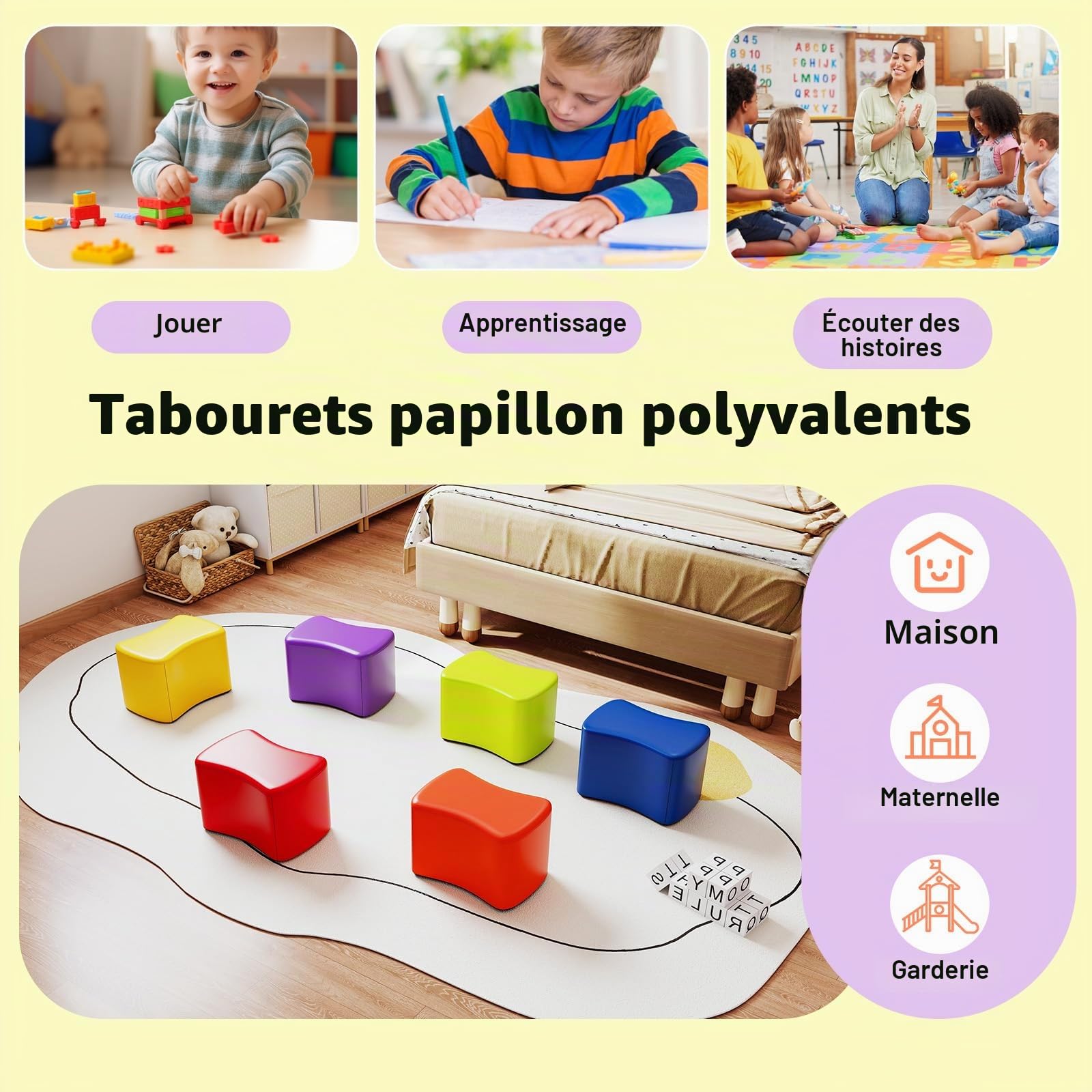 LIFEZEAL Lot de 6 chaises empilables pour enfants, tabouret modulaire, forme de papillon, antidérapant, cubes, construction douce, rembourrée en mousse élastique, doublure amovible, chambre d'enfant