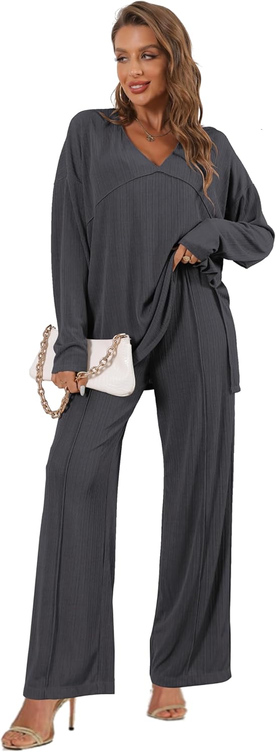 Women's 2 Piece Lounge Set V Neck Casual Ribbed Knit Pajama Set Wide leg pants Pajama Set - Image 6