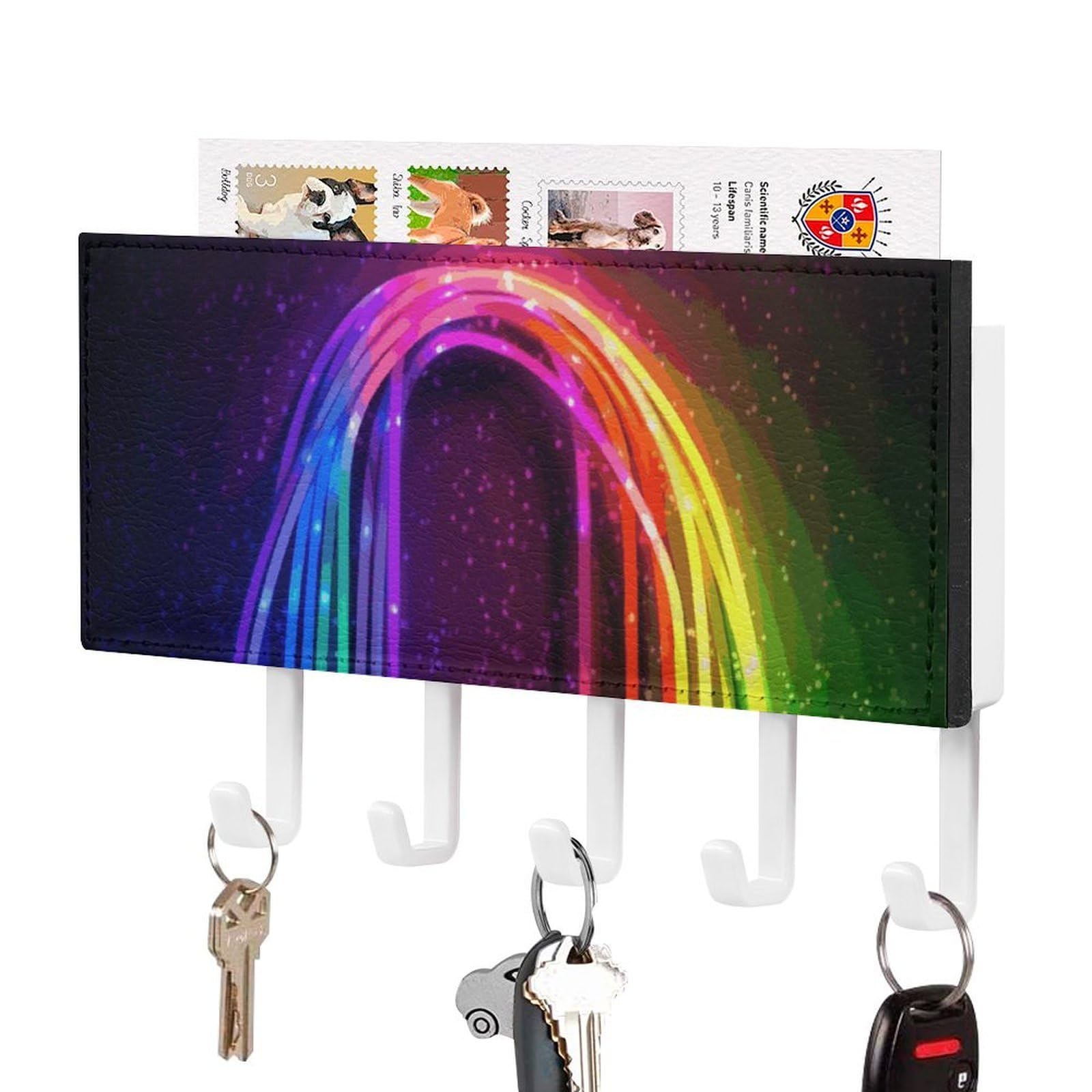 JTREHY Rainbow Neon Holder Wall-Mounted Key and Mail Holder,Key Rack with 5Keys Hooks, Easy to Install Mail Organizer for Entryway, Front Door, Hallway, Office