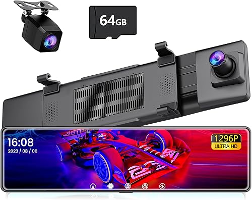 Cámara de tablero de espejo de 12 pulgadas, cámara de espejo retrovisor 1296P, visión nocturna, pantalla táctil completa, cámara de respaldo para