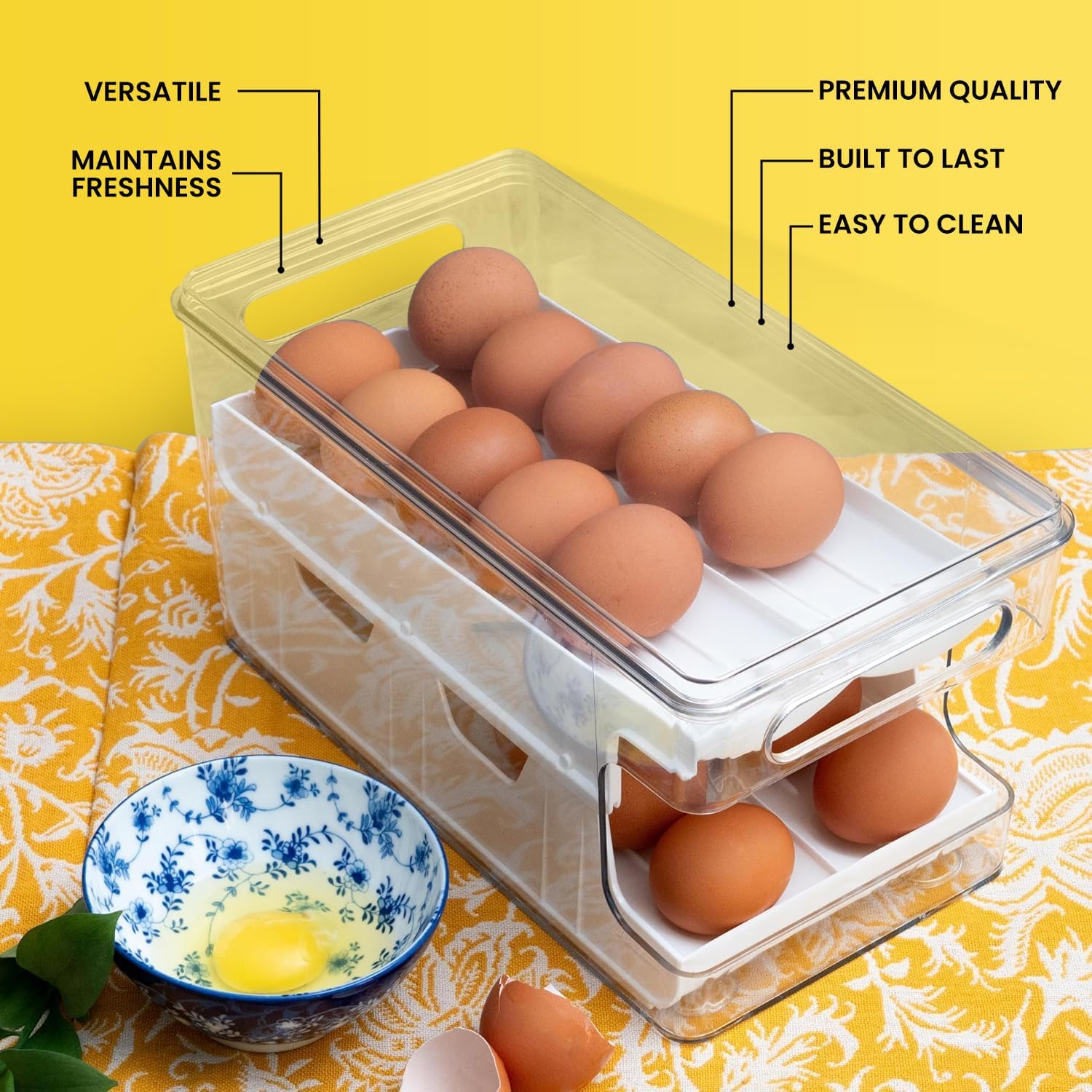 Rolling Egg Holder, Double track 24 Egg Organizer for Refrigerator, Clear Egg Container Tray Stackable Dispenser and Organizer for Refrigerator Storage, Egg Fridge Organizers With Timer (White)