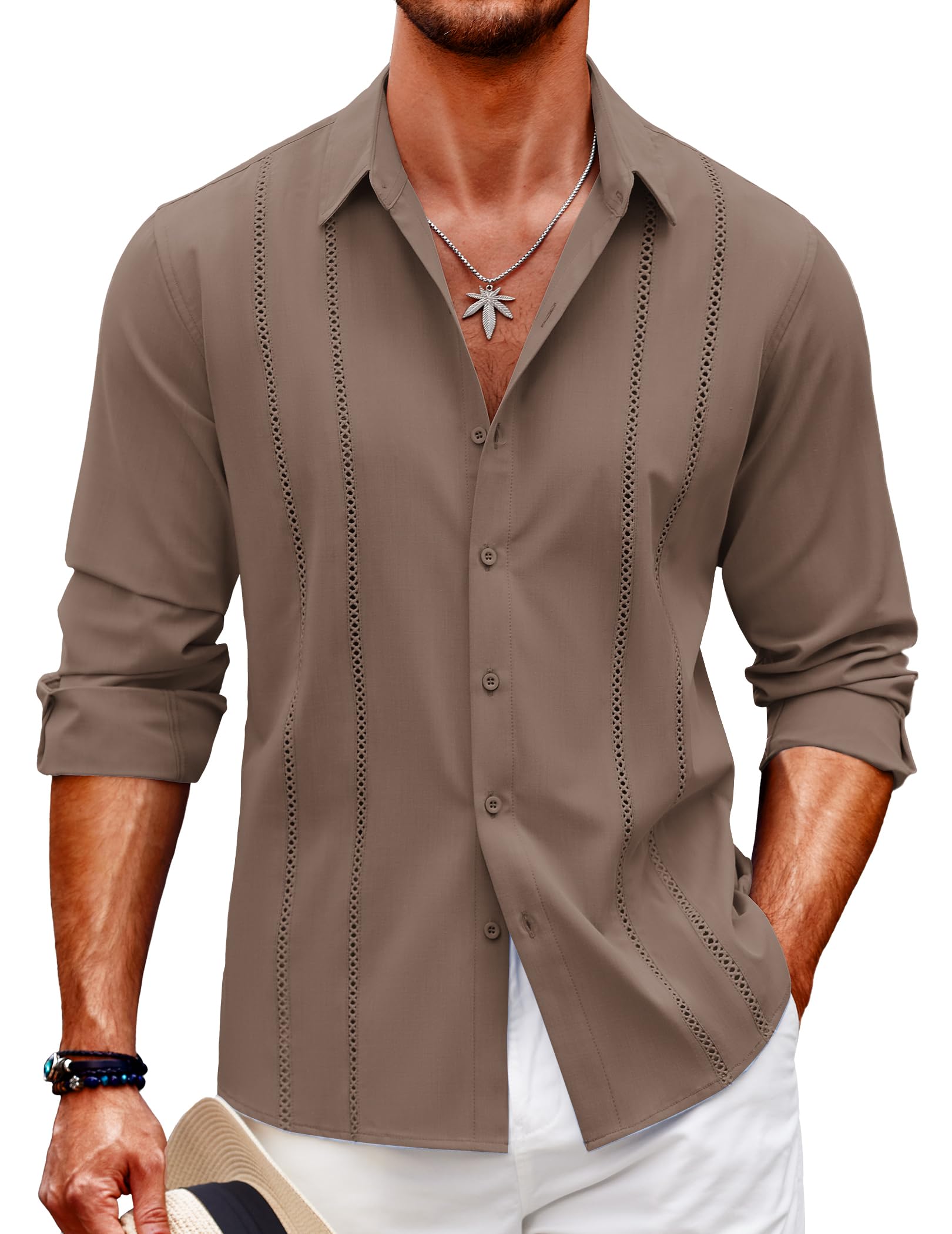 COOFANDY Mens Cuban Guayabera Shirt Casual Button Down Shirts Long Sleeve Summer Beach Shirts