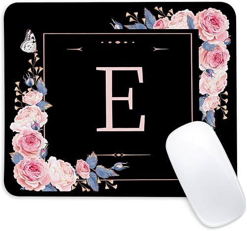 Miniatura 12 de Alfombrilla de mouse cuadrada con letras F con diseño de flores negras y rosas, borde cosido y base de goma antideslizante, tapete para mouse,