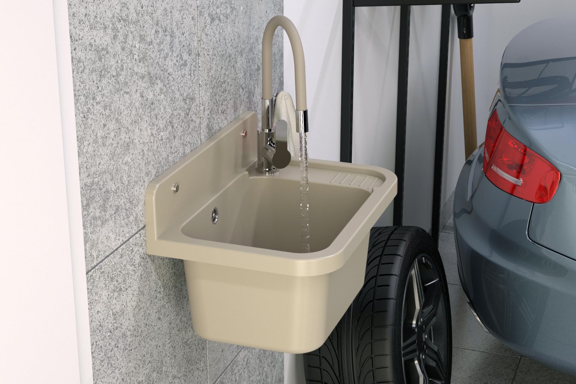Granitan Umywalka do garażu, piwnicy, warsztatu i pralni – uniwersalne koryto z syfonem – umywalka do montażu na ścianie – 50 x 34 x 31 cm (beżowa + armatura umywalkowa FLEX)