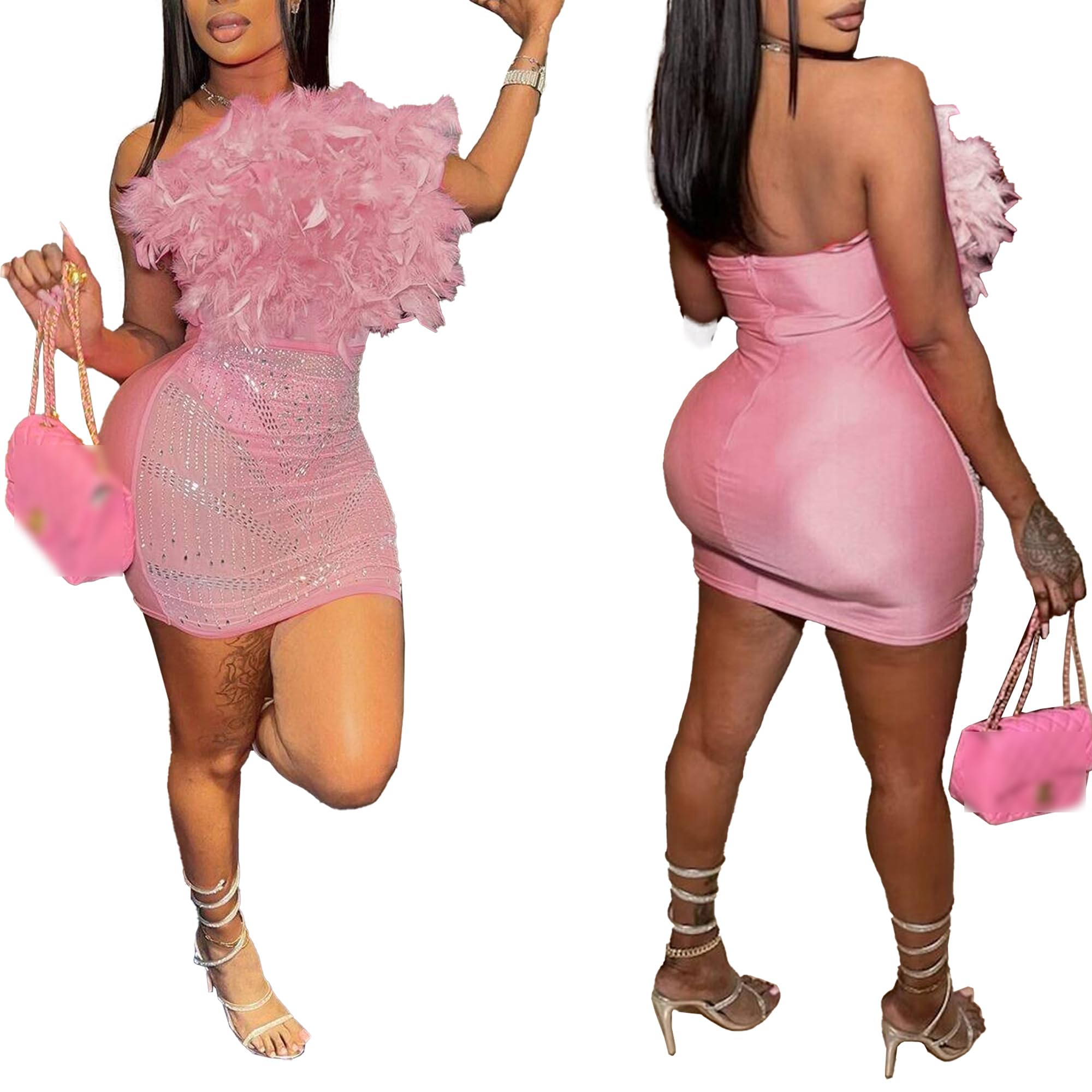 Jigfar Mini vestido sexy y elegante para mujer, con diamantes de imitación, para fiesta de cumpleaños, club, malla transparente, 1 rosa, XL