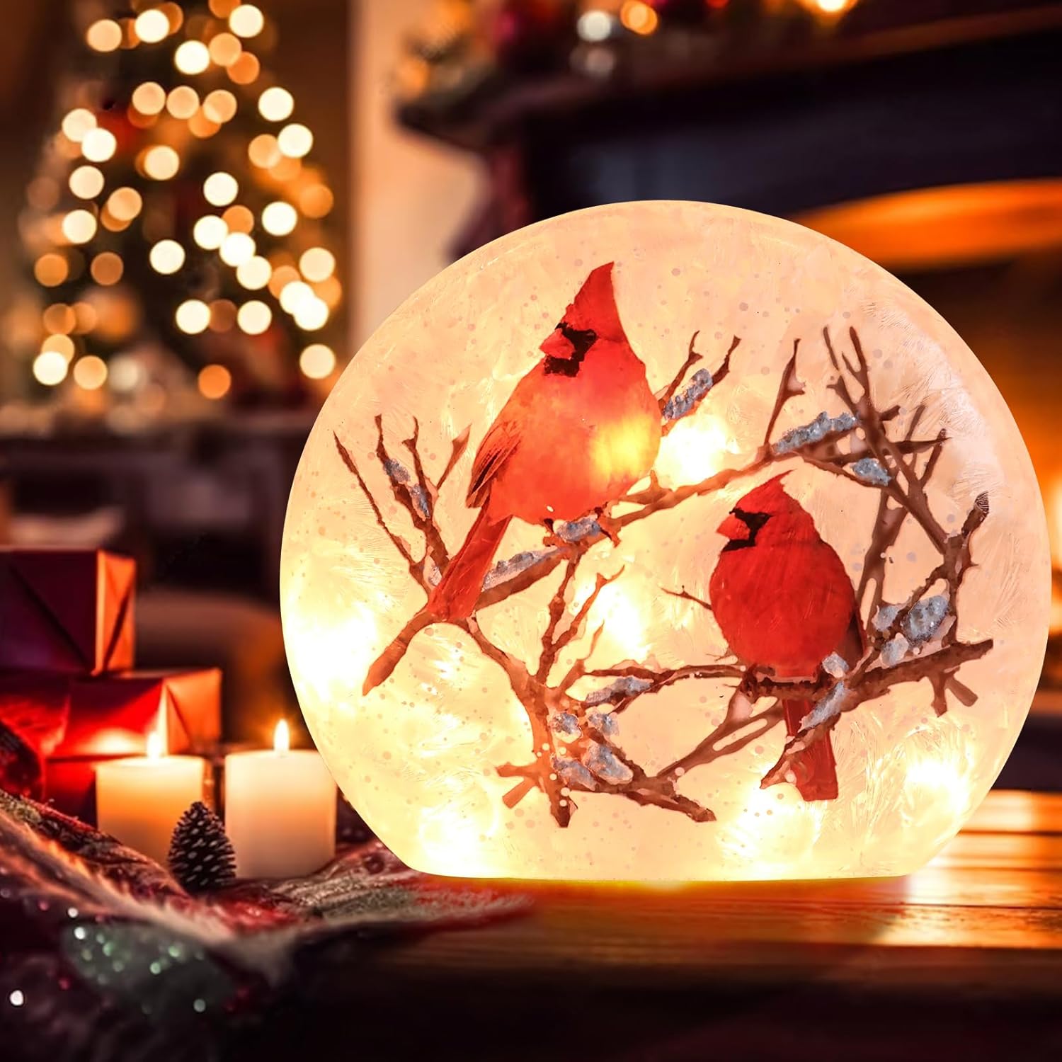 Wonder Solar Christmas Crackle Glass Ball Lights Cardinal Decorations Indoor Crackle Glass LED Lighted Holiday Ball Lamp Night Lights for Christmas Holidays Seasonal Decor Lighting Decorations Indoor - Image 2