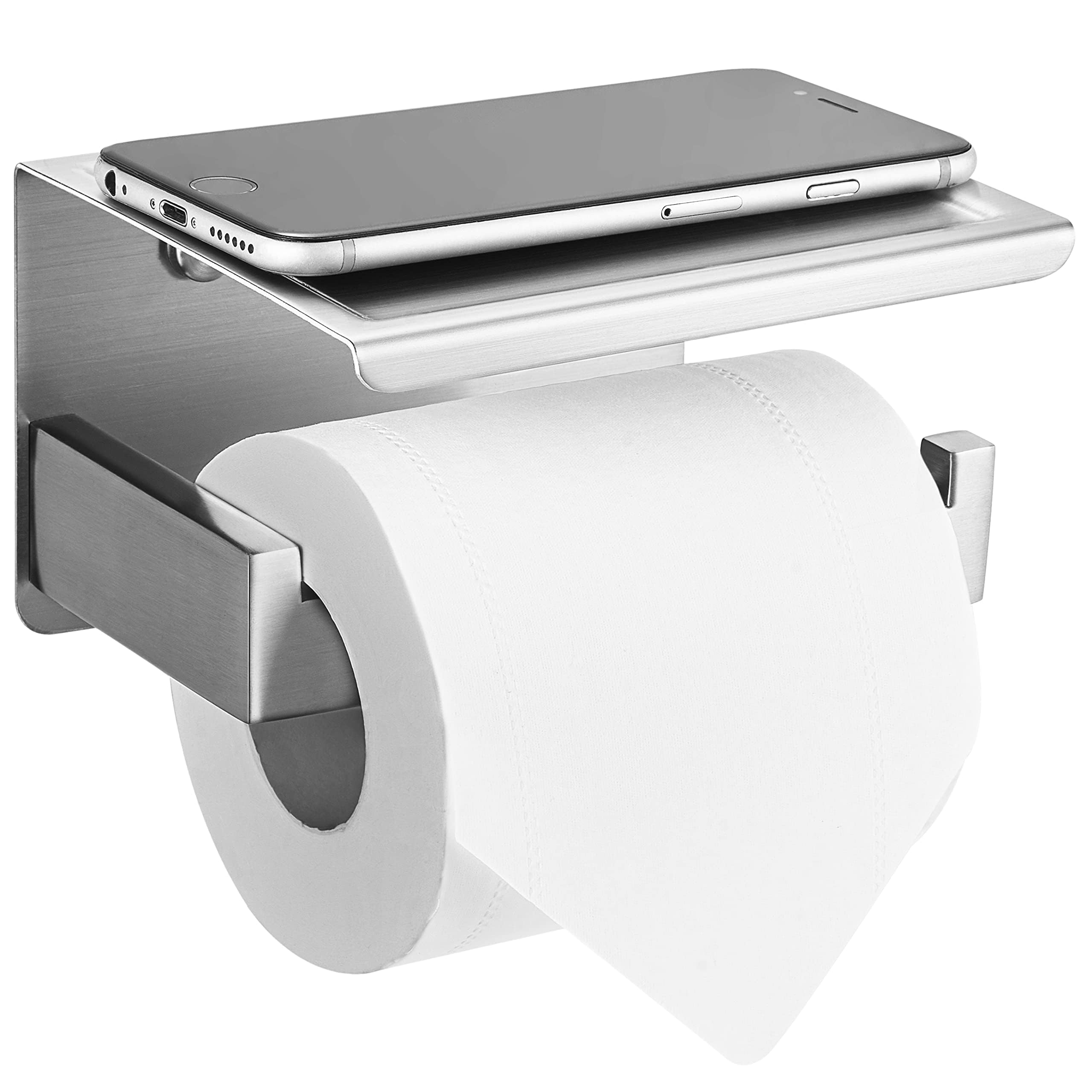 HITSLAM Porta Rotolo Carta Igienica da Parete con Porta Cellulare Senza Foratura Portarotolo Carta Igienica Adesivo Acciaio Inox Portacartaigienica per Gabinetto Bagno - Acciaio Spazzolato