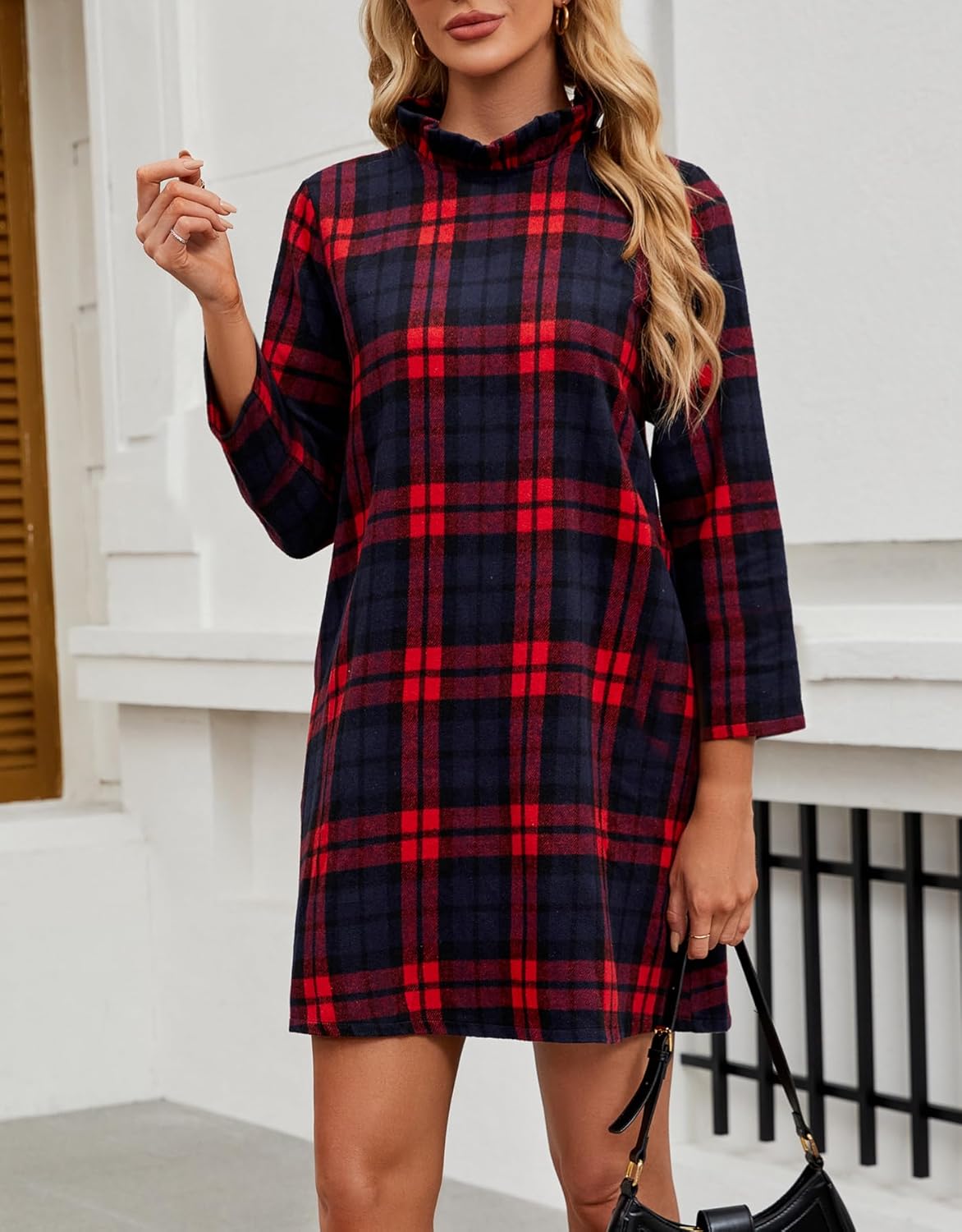 Women's Fall Plaid Dress Bow Tie Long Sleeve Dresses Casual Elegant Formal Shift Mini Dress with Pockets - Image 3