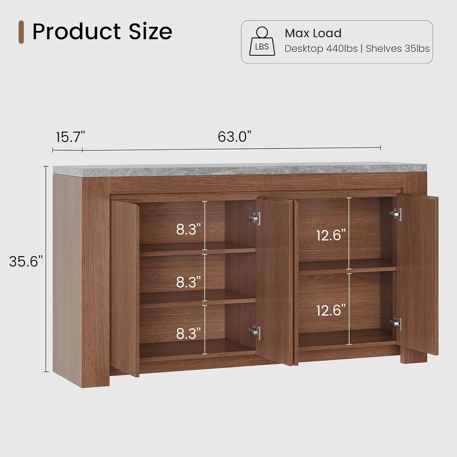 Buffet Cabinet with Storage, 63" Sideboard Buffet Accent Cabinet with Faux Marble Top & 4 Doors, Modern Buffet Table Credenza Cabinets for Living Room, Dining Room, Kitchen（Walnut）
