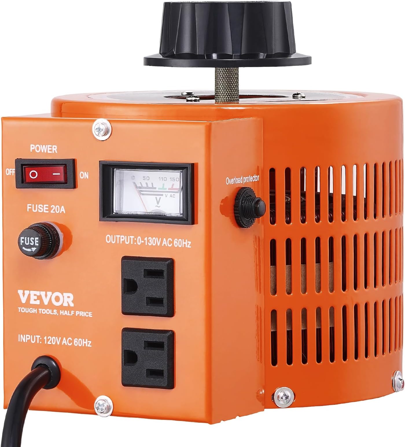 VEVOR 2000VA Auto Variable Voltage Transformer, 15.3 Amp, 110V Input 0-130V Output AC Voltage Regulator Power Supply, with 4 Extra Fuses Thermal Control Switch for Industrial Office