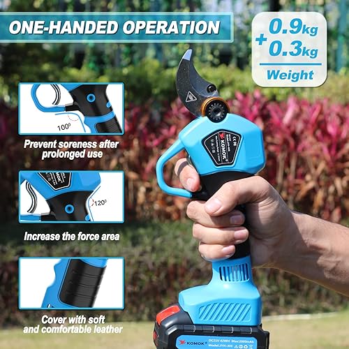 Miniatura 7 de KOMOK Tijeras de podar eléctricas, podadora eléctrica inalámbrica, funciona con pilas, con 2 baterías de litio de 2 Ah, diámetro de corte de 1.2