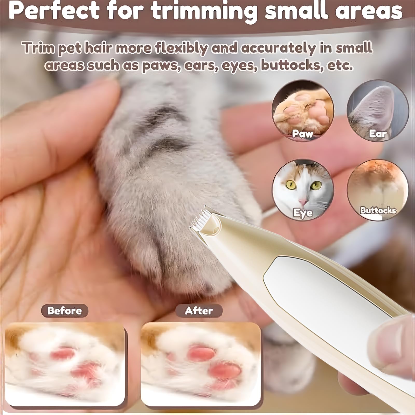 Hundepfoten-Trimmer, Haustier-Fußhaarschneidemaschine mit LED-Licht, wiederaufladbarer geräuscharmer Katzenhaarschneider für die Fellpflege von Tierhaaren um Pfoten, Augen, Ohren, Gesicht, Rumpf