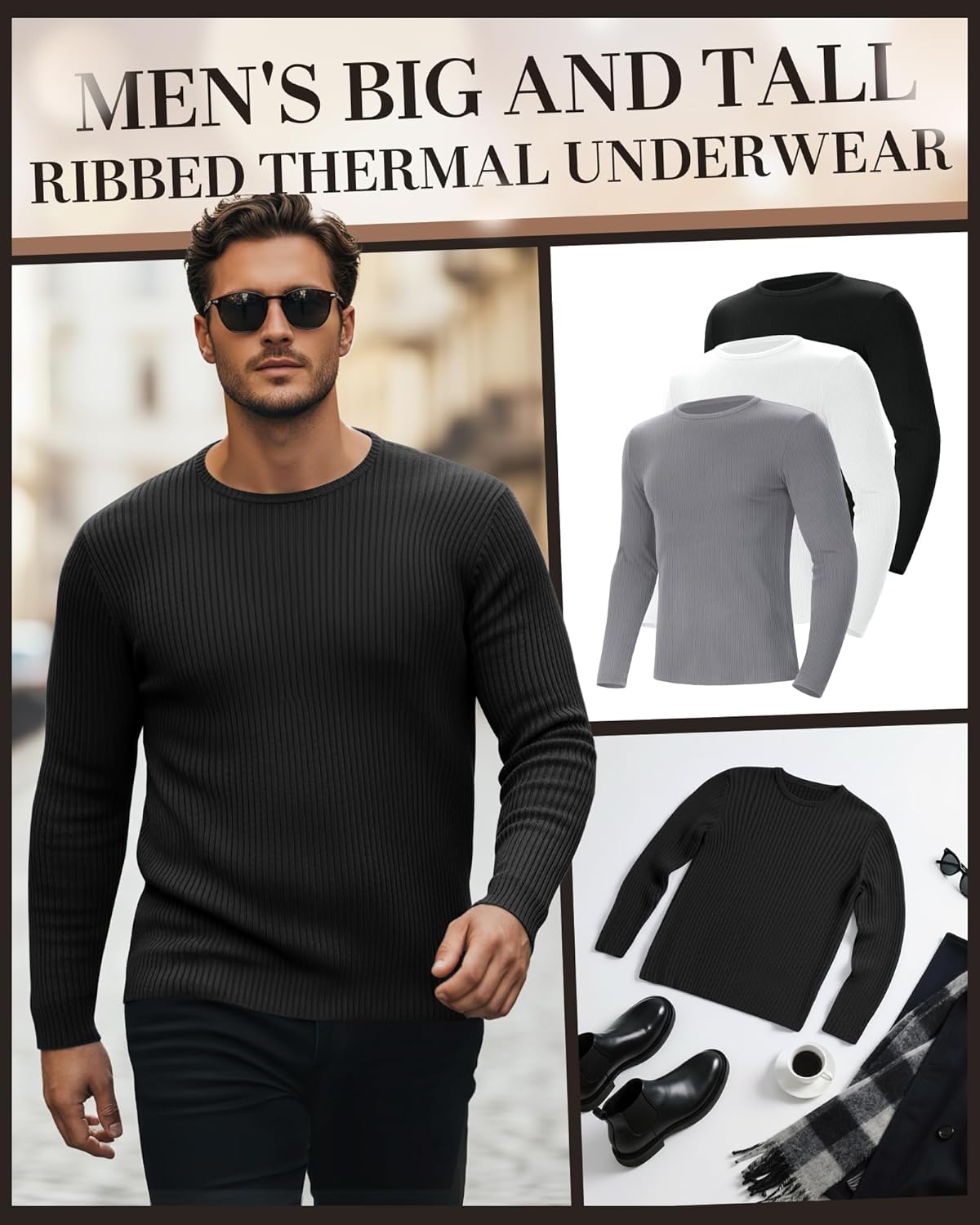 3 Pack Men's Big and Tall Thermal Shirts, Cotton Long Sleeve Ribbed Sweater Crew Neck Knit Pullover Basic Undershirt - Image 3