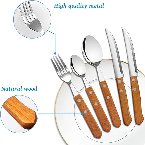 Miniatura 3 de Daily Treasures Juego de cubiertos de 48 piezas, cubiertos de acero inoxidable con asas de madera, utensilios de primera calidad, cuchillo tenedor y