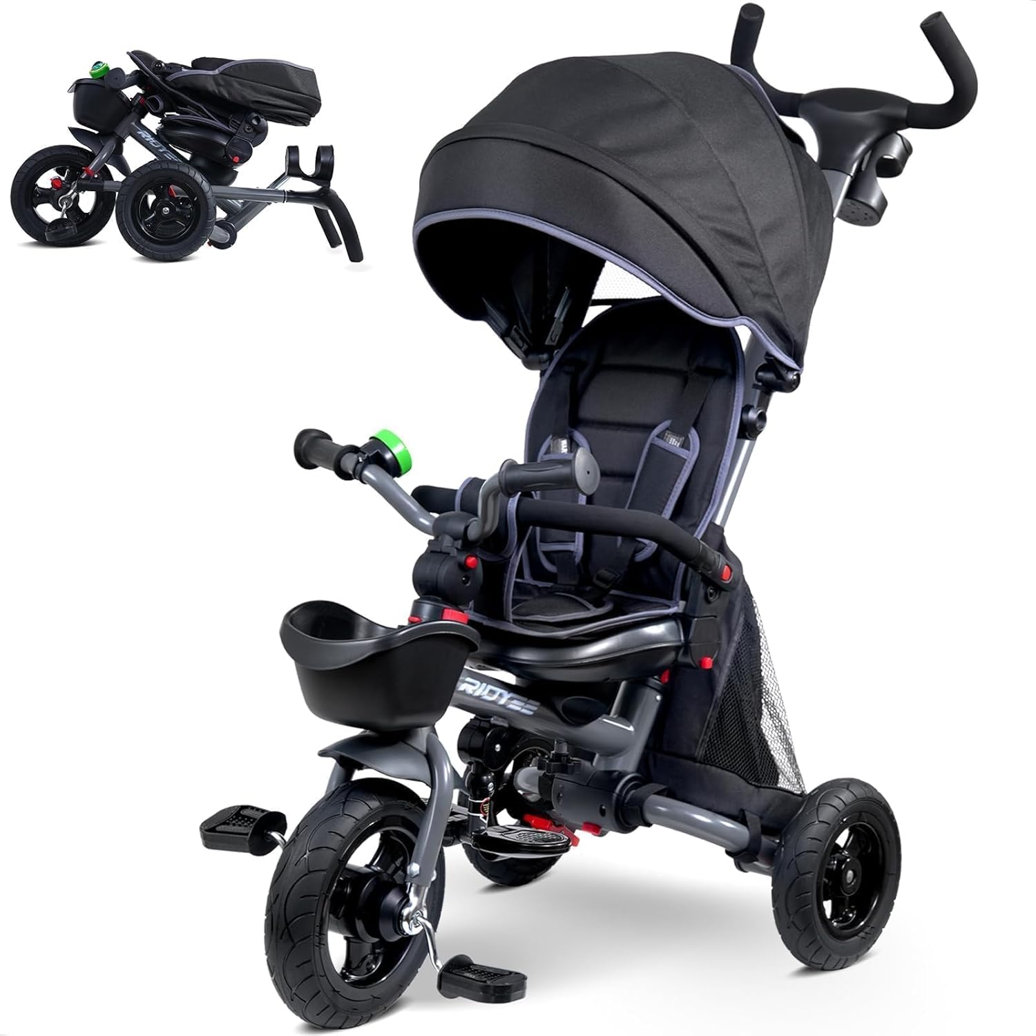 7-in-1 Folding Toddler Tricycle for 18 Months to 5 Years, Tricycle Stroller with Dual Brakes, All-Terrian Rubber Tire, Tricycle for Toddlers with Rotatable Seat, Adjustable Push Handle, Grey